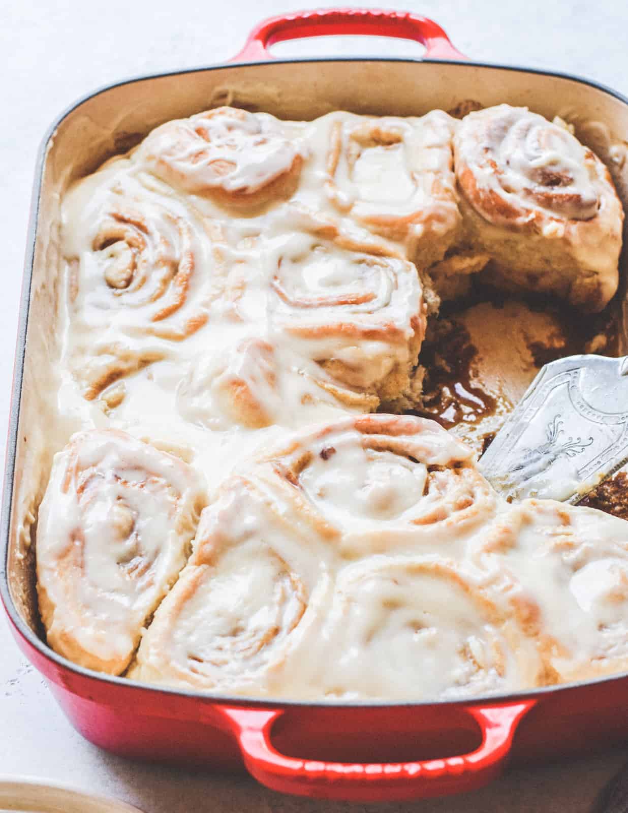 Close-up of vegan cinnamon rolls in a baking dish