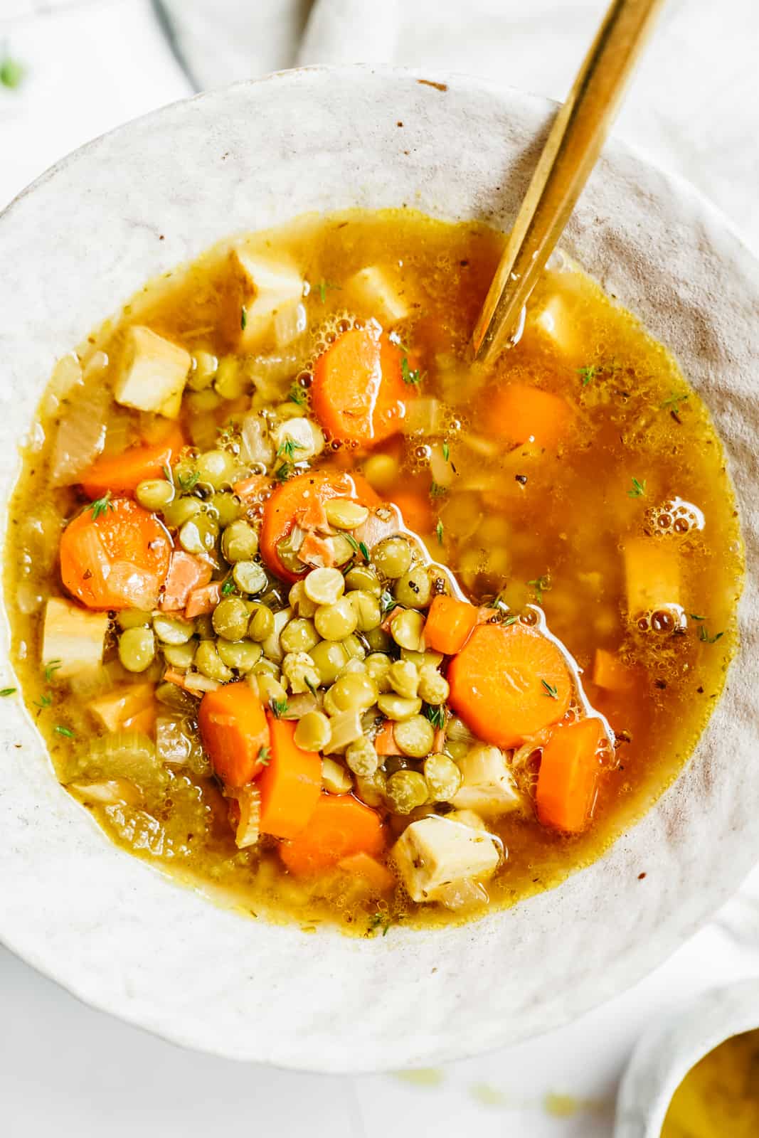 Close-up of a big bowl of vegan split pea soup
