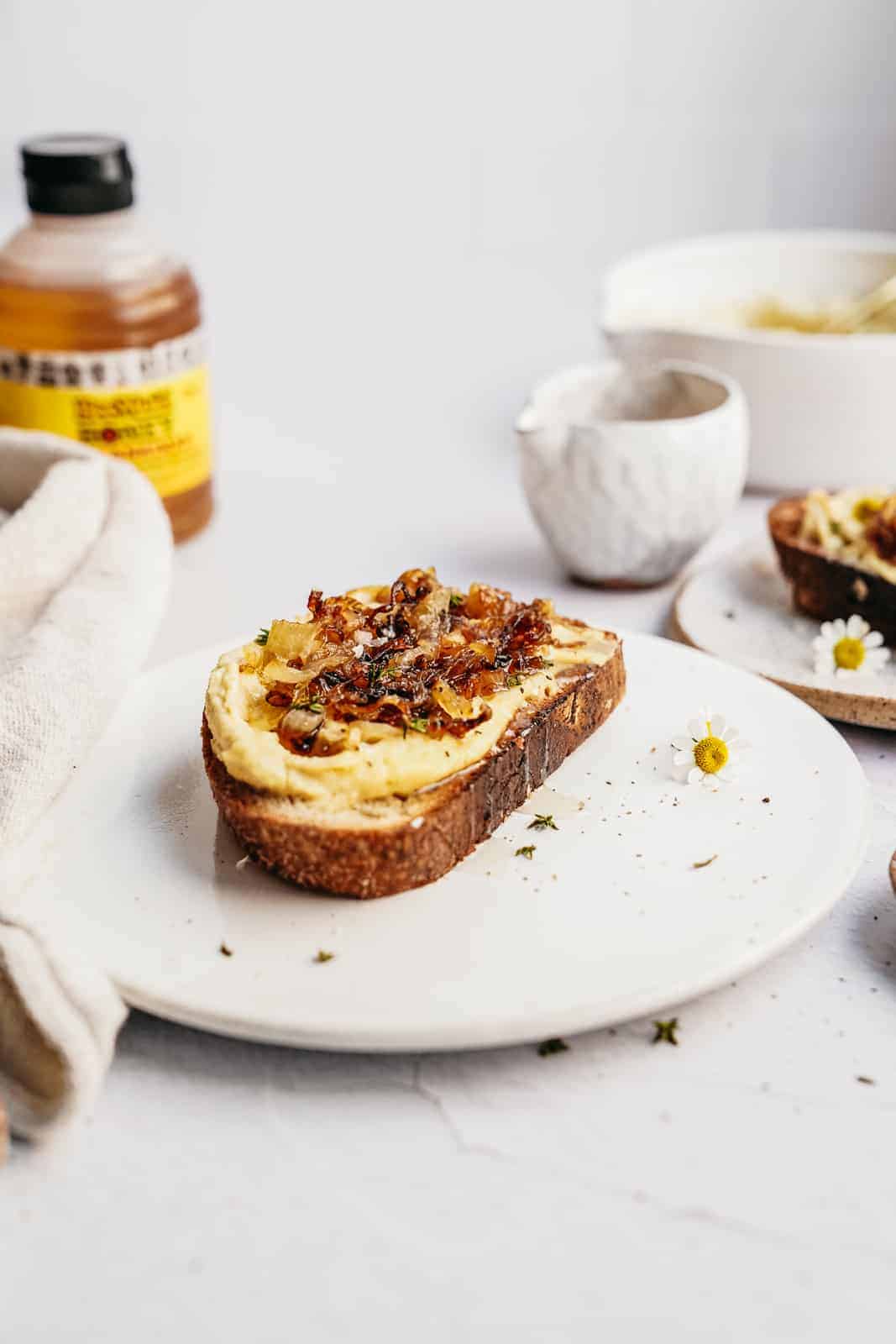 Close-up of toast with cashew ricotta on it