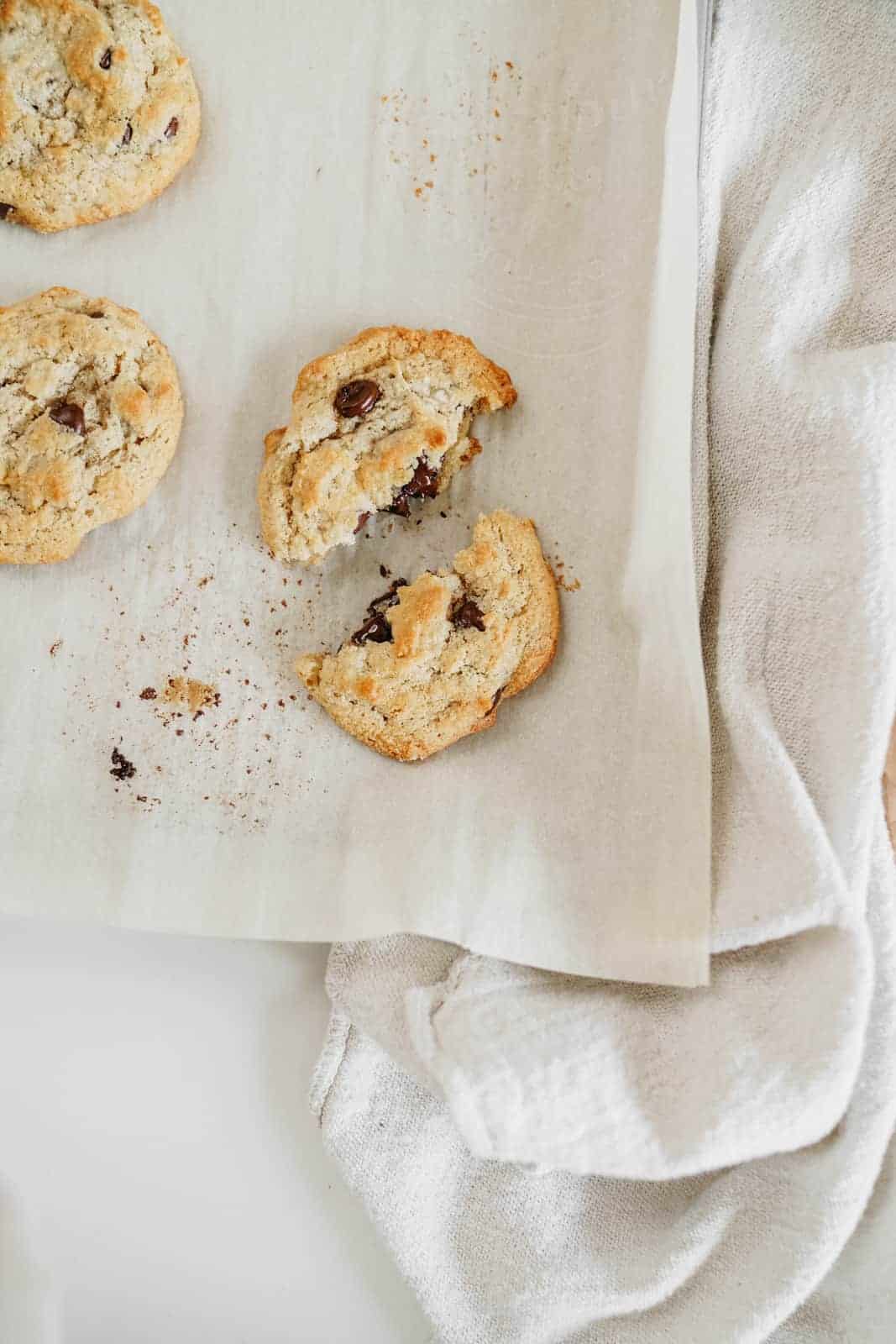 Crumbled Banana Chocolate Chip Cookies on tea towel