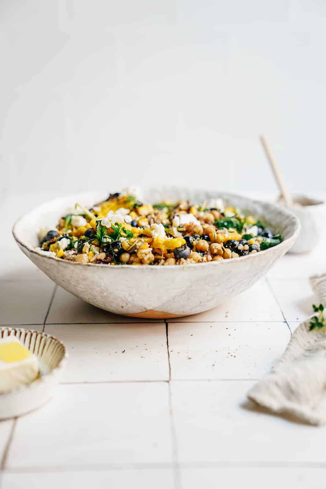 Side view of a big bowl of Vegetarian Picnic Salad.