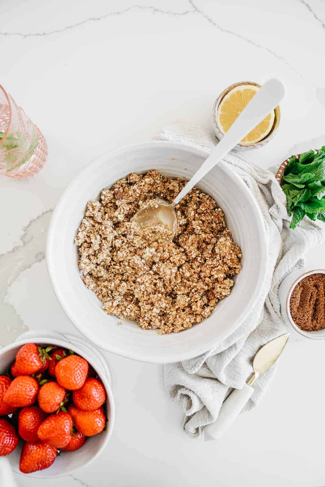 Mixing bowl of dry ingredients for the crumble bars.