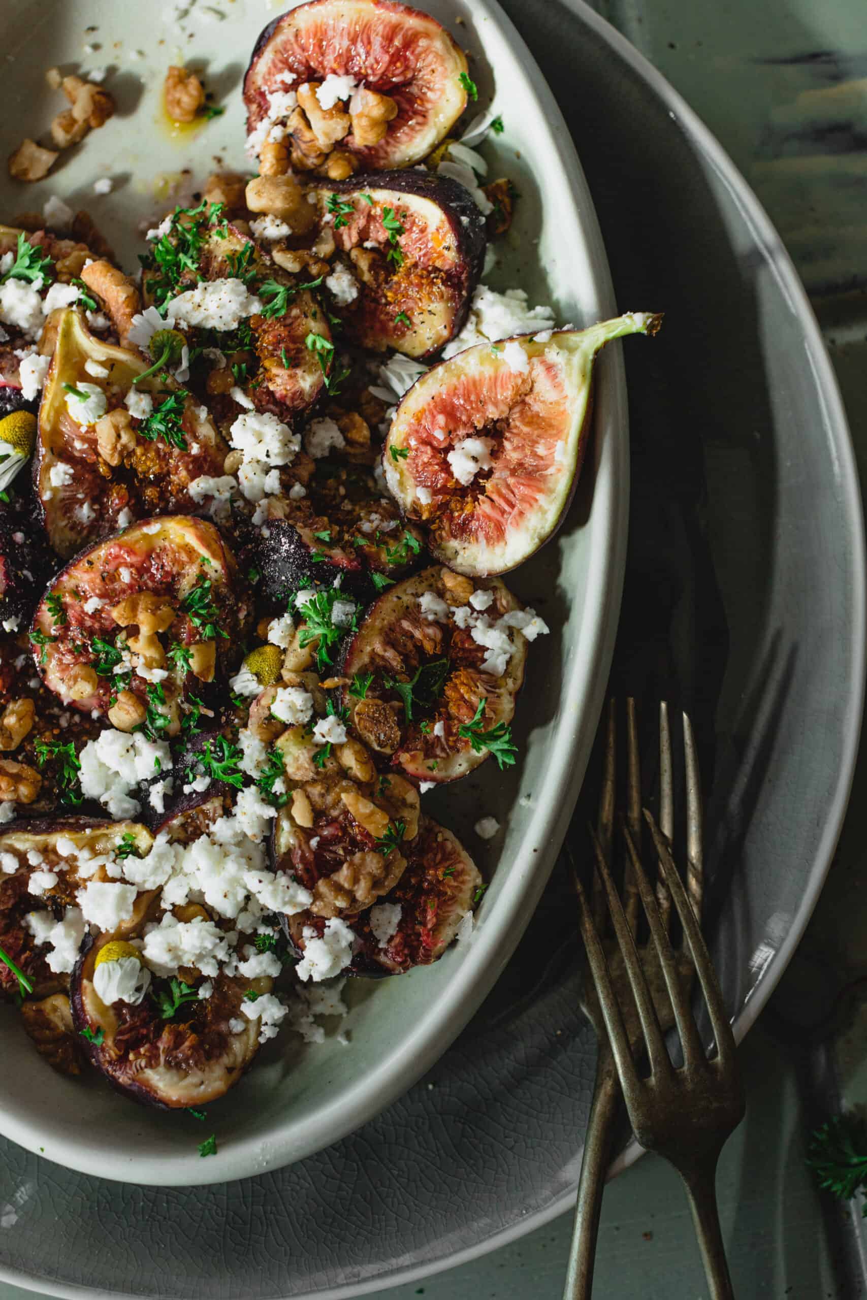 colorful bowl of Simple Fresh Fig Salad with forks ready to eat