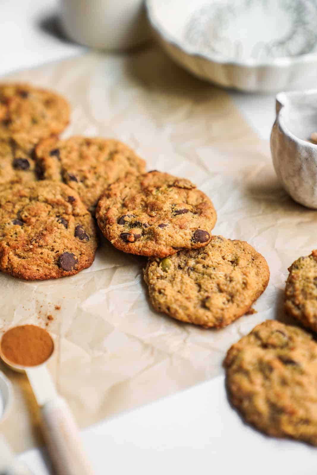 Granola Chocolate Chip Cookies scattered on counter