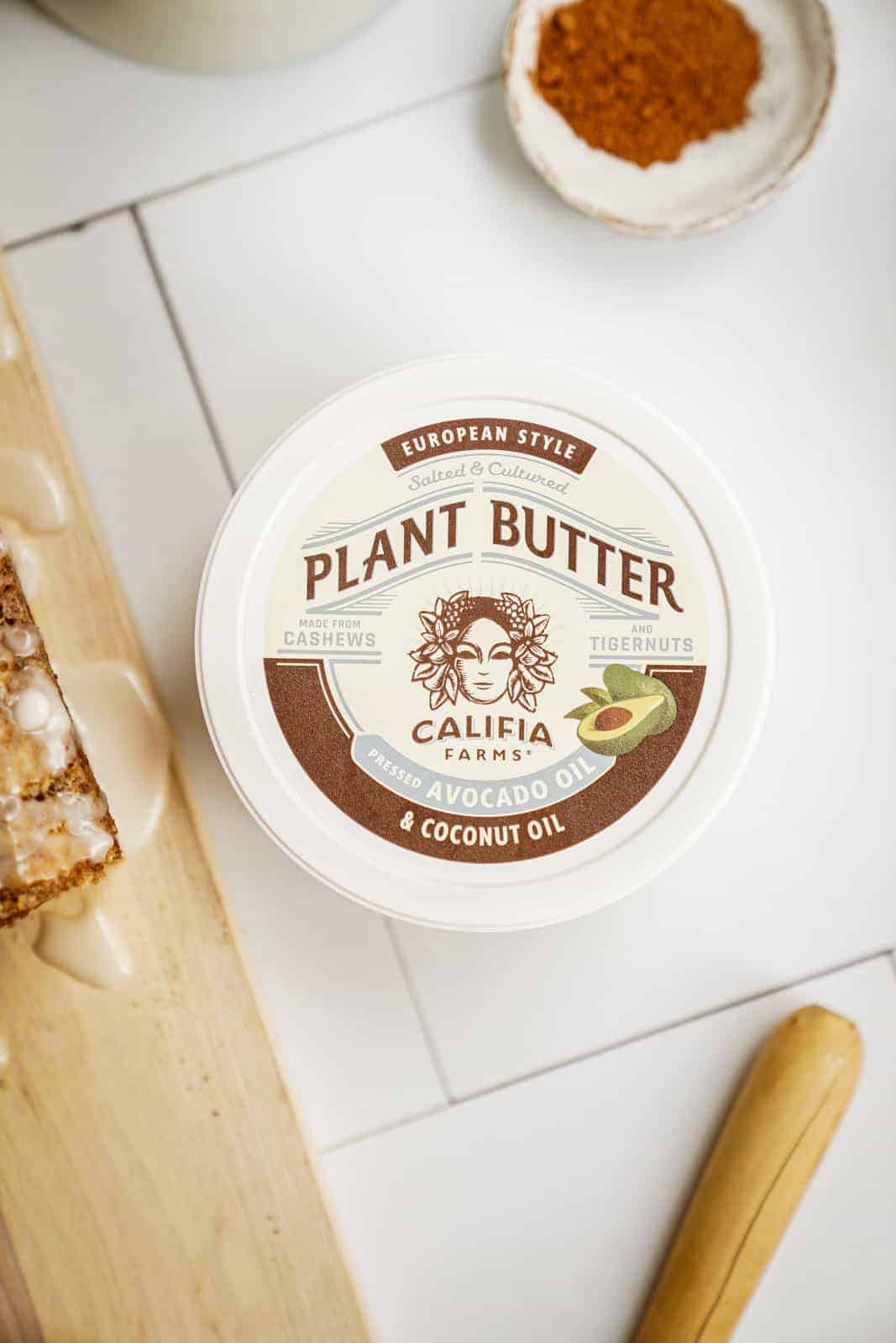 Container of Califia Farms Plant Butter on countertop