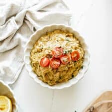One of the many vegan comfort food recipes - creamy orzo - in a bowl.