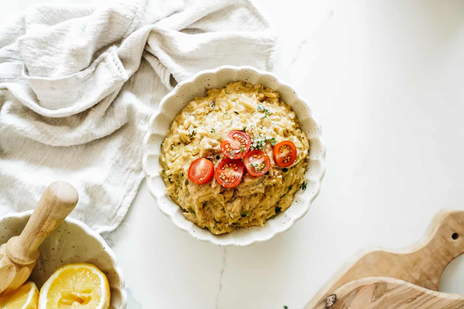 One of the many vegan comfort food recipes - creamy orzo - in a bowl.
