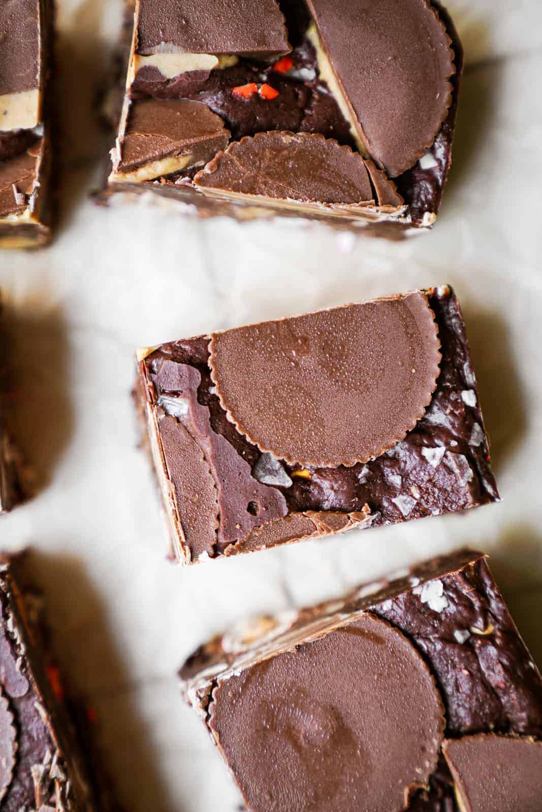 Cut up squares of Chocolate Peanut Butter Fudge 