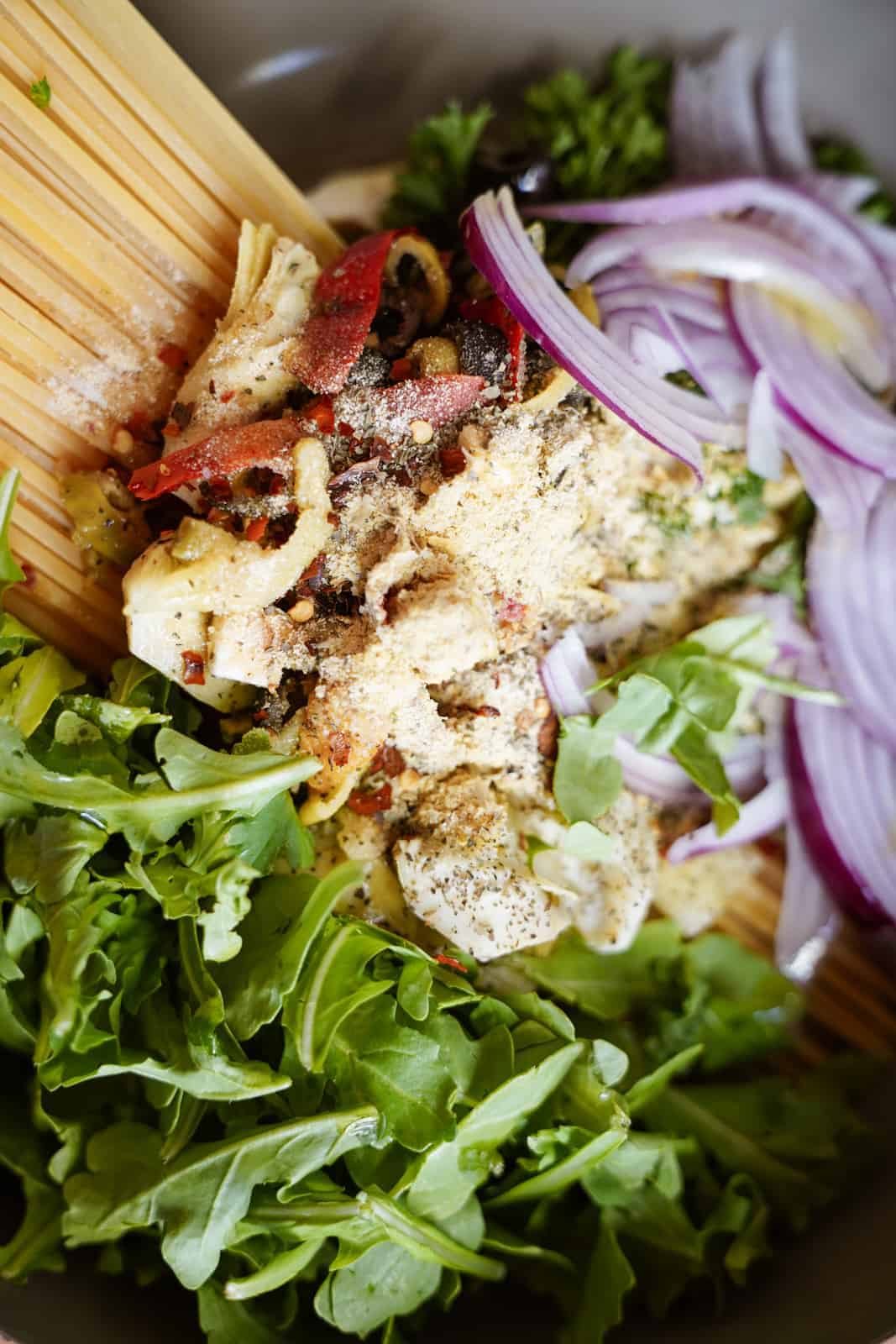 Close-up of ingredients going into a vegetarian pasta recipe