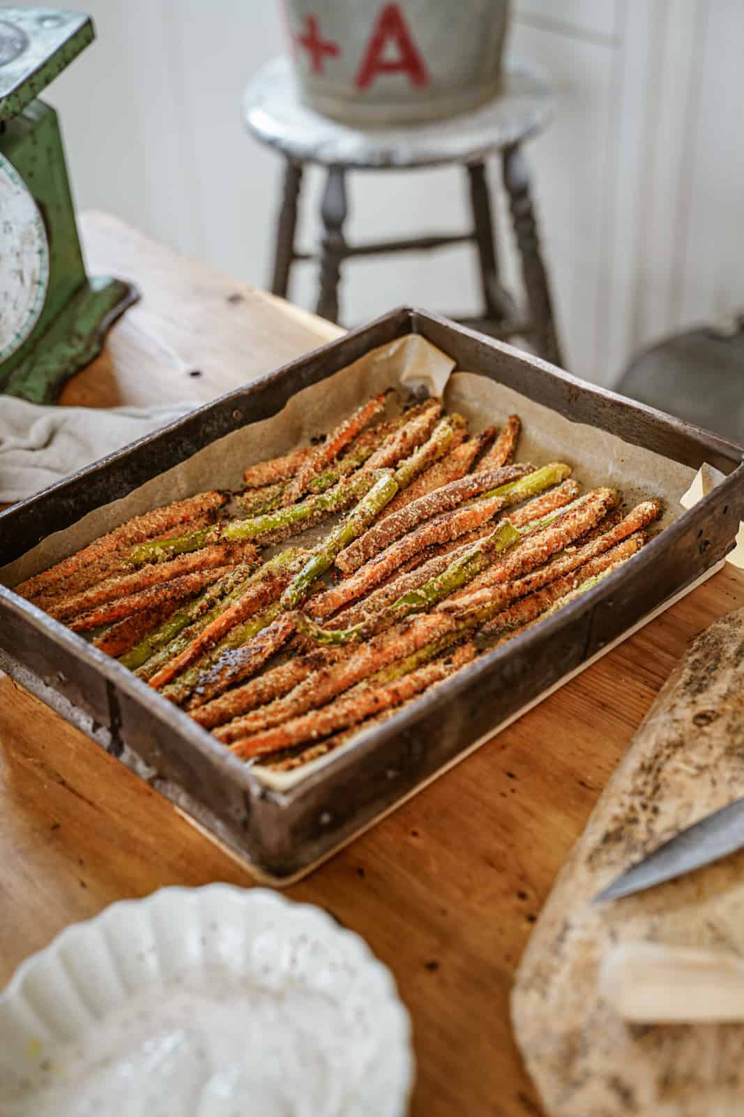 Close-up of sweet potato & asparagus fries ready to bake.