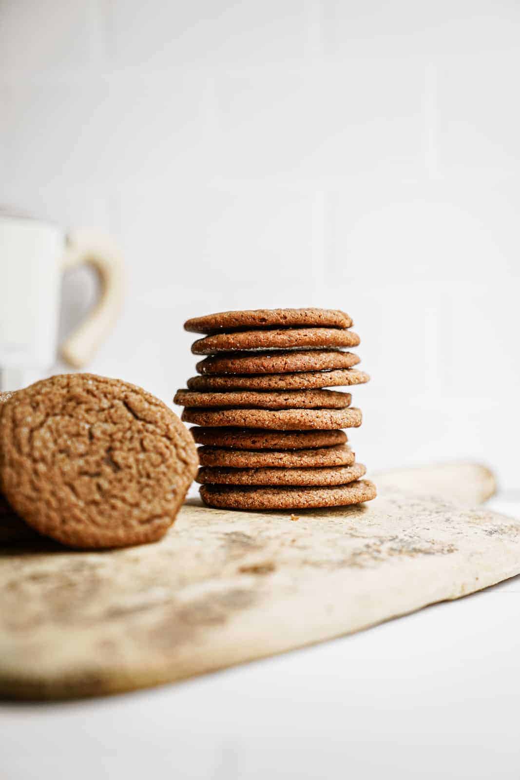 Stack of Vegan Ginger Snap Cookies on a countertop.