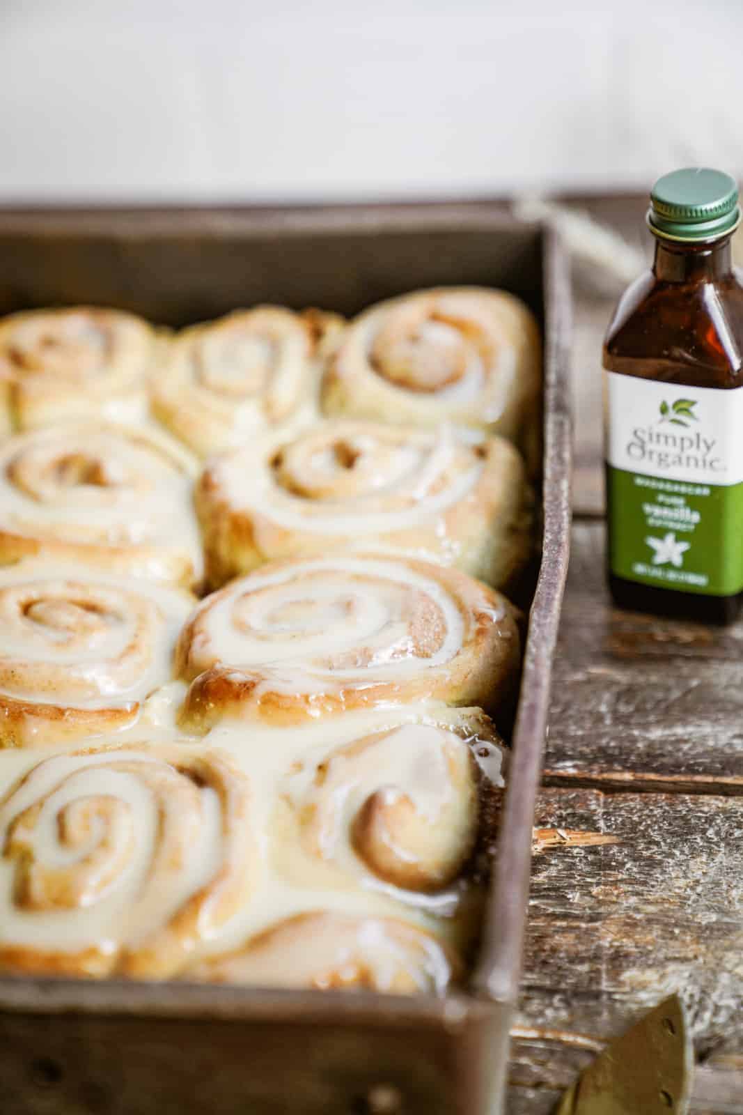 Close-up of Vegan Cinnamon Buns in baking dish.