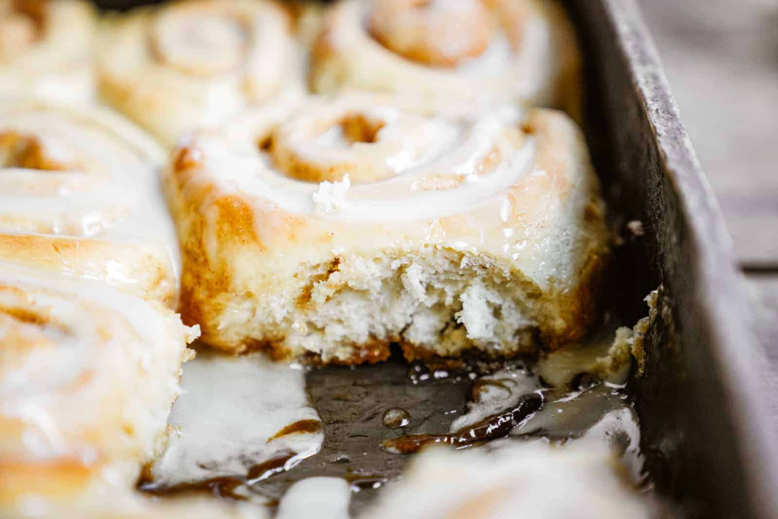 Close-up of Vegan Cinnamon Buns in baking dish.