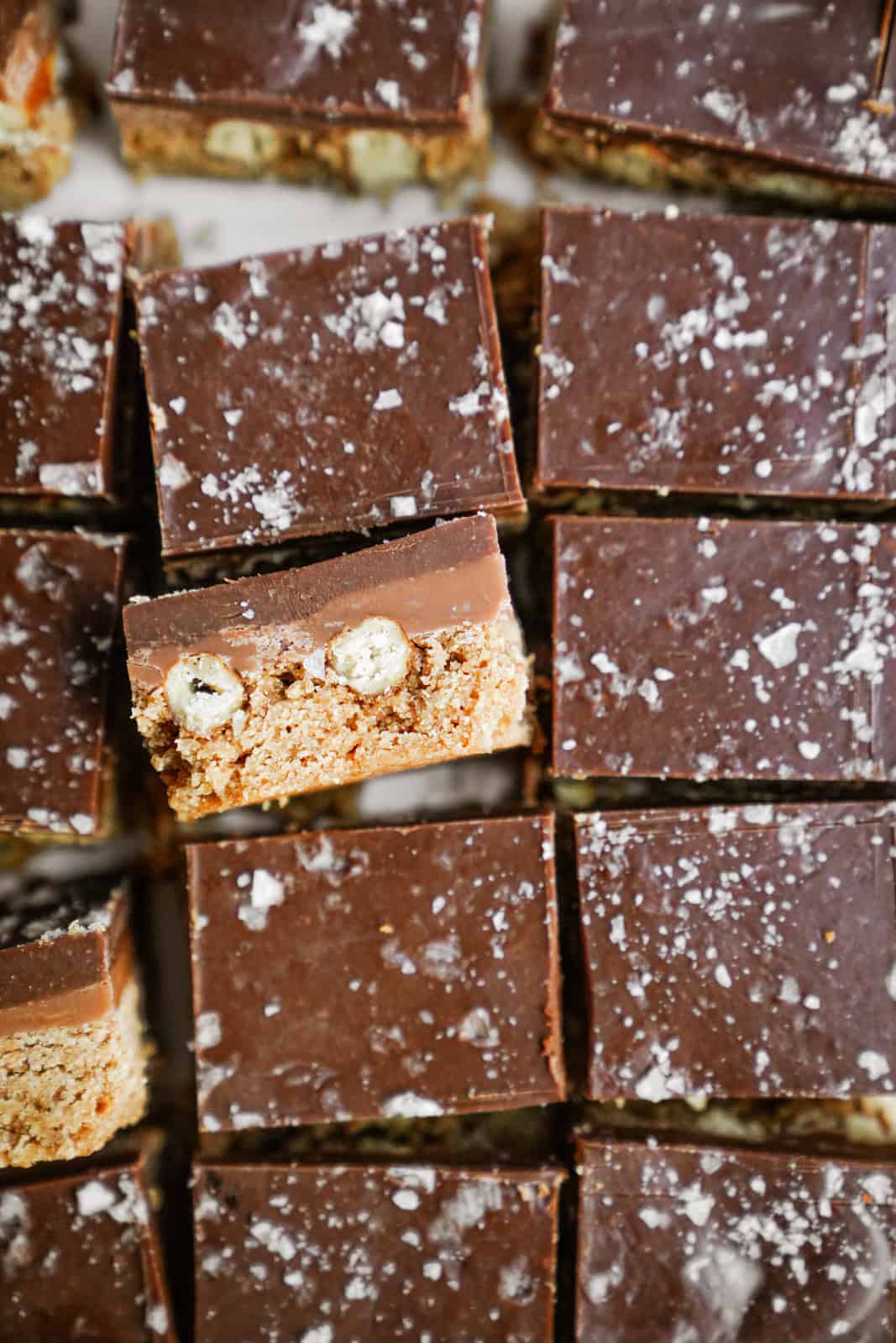 Close-up of Caramel Pretzel Bars cut into squares. 