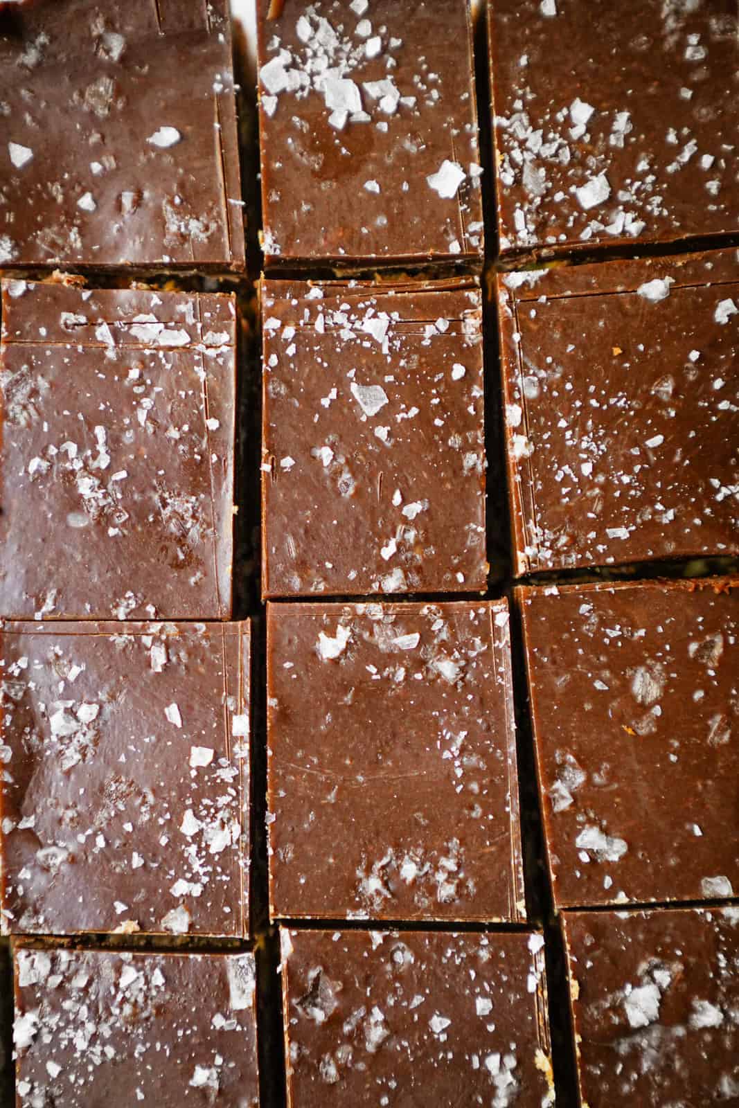 Close-up of Caramel Pretzel Bars cut into squares. 