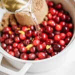 A white pot filled with fresh cranberries and brown sugar becomes the perfect base for a vegan cranberry sauce, as a stream of liquid is poured over them. Bright red cranberries elegantly contrast with the brown sugar against the pots shiny surface.