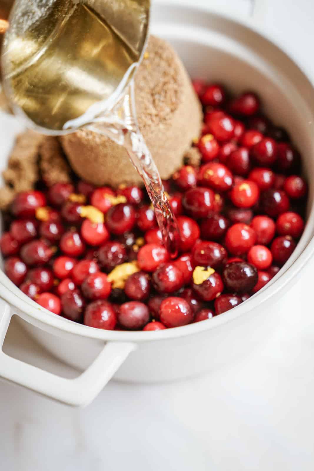 A close-up of a pot filled with fresh cranberries, brown sugar, and lemon zest reveals the start of a delightful vegan cranberry sauce. As water pours in, it creates a vibrant mix of colors. The light beige pot with handles on the sides completes this cheerful kitchen scene.