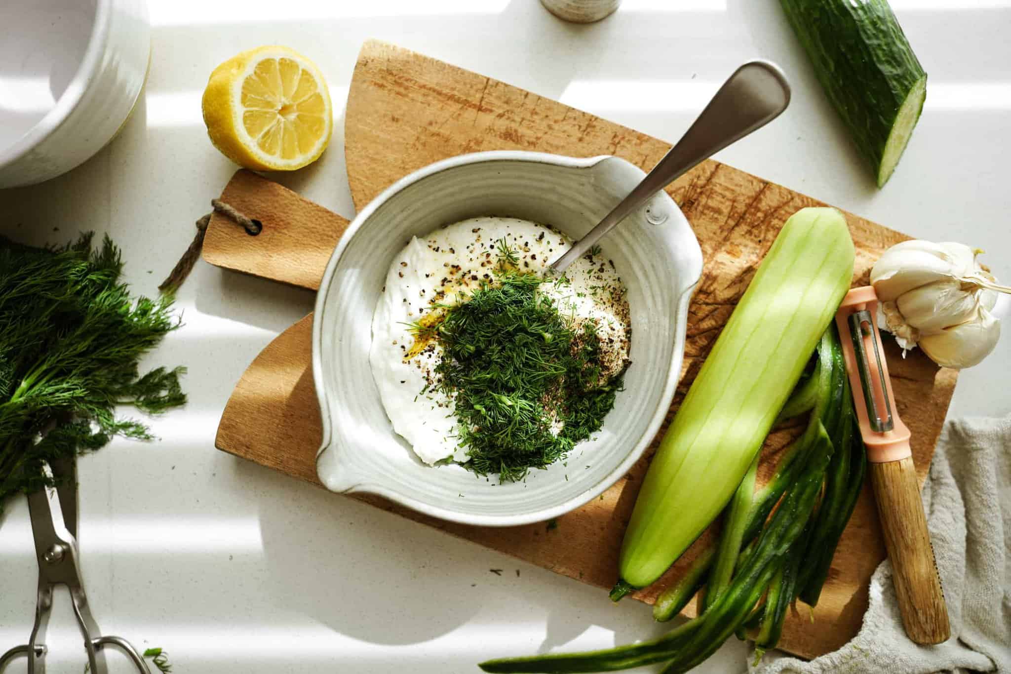 Ingredients for Greek Tzatziki Sauce in a bowl