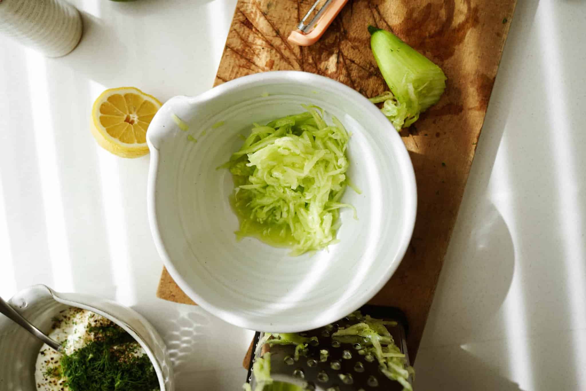 Fresh cucumber in a bowl for Greek Tzatziki Recipe