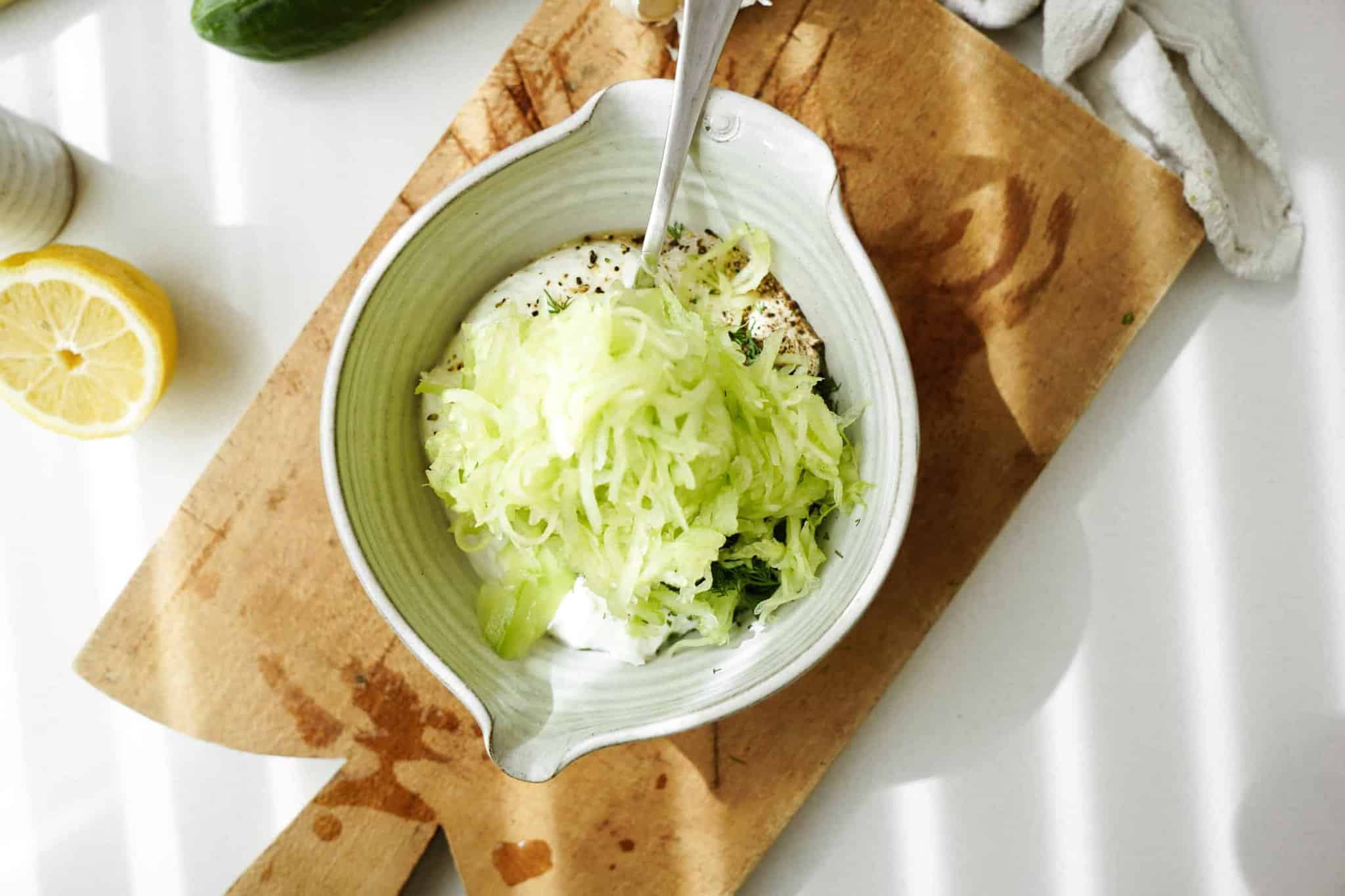 Ingredients for Greek Tzatziki recipe in a bowl