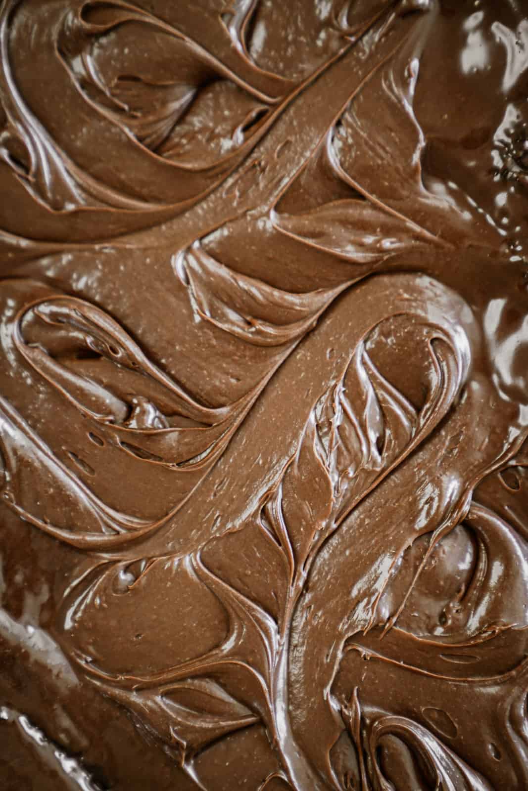 Close-up of chocolate icing for sheet cake.