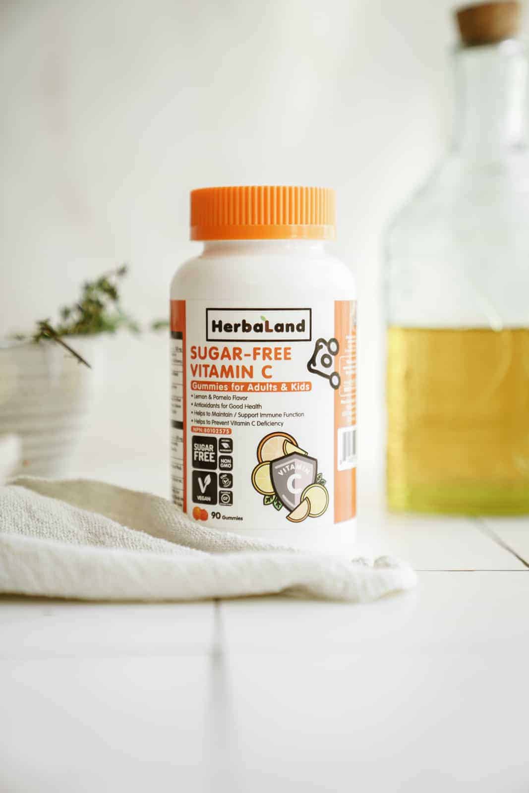 Bottle of Herbaland Sugar-Free Vitamin C on countertop