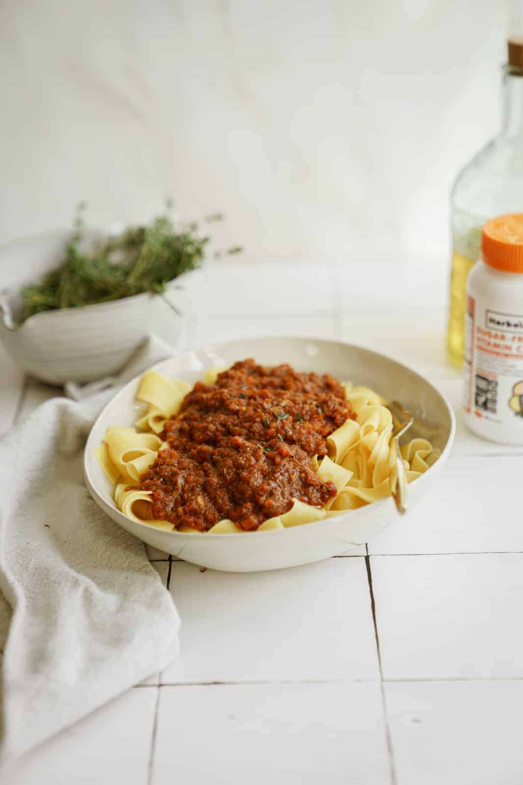 Big bowl of vegan ragu on countertop