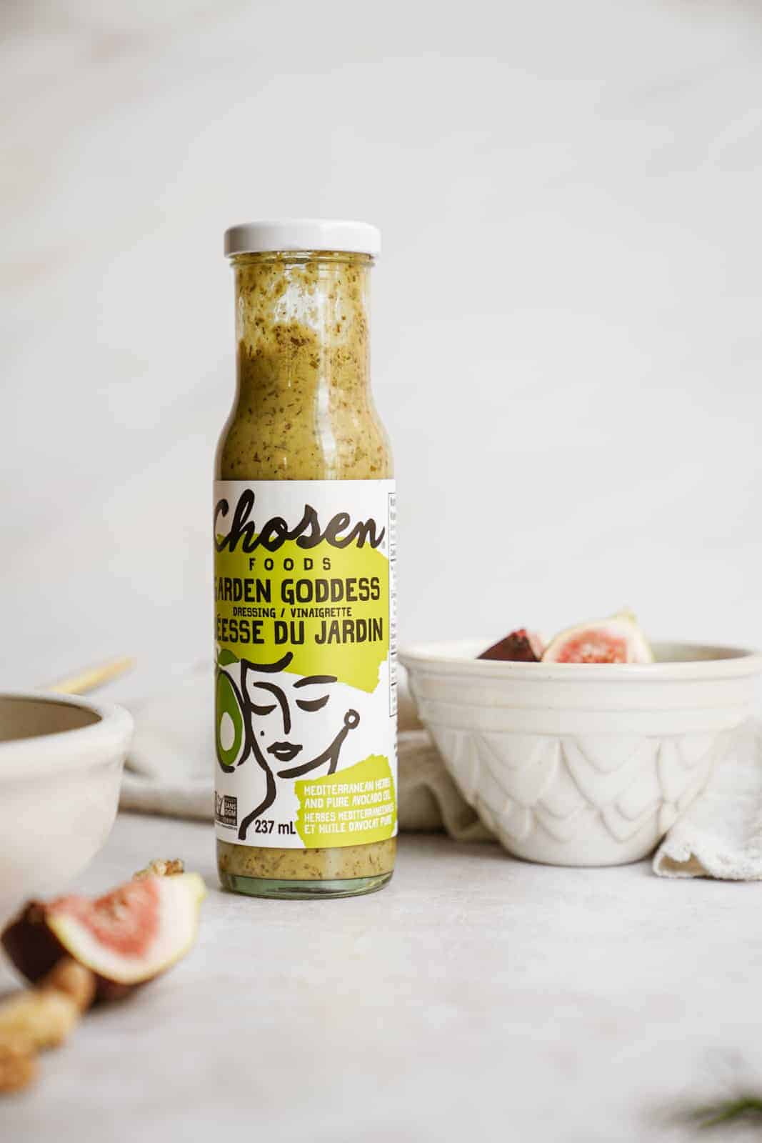 Chosen Foods Garden Goddess Dressing on countertop.