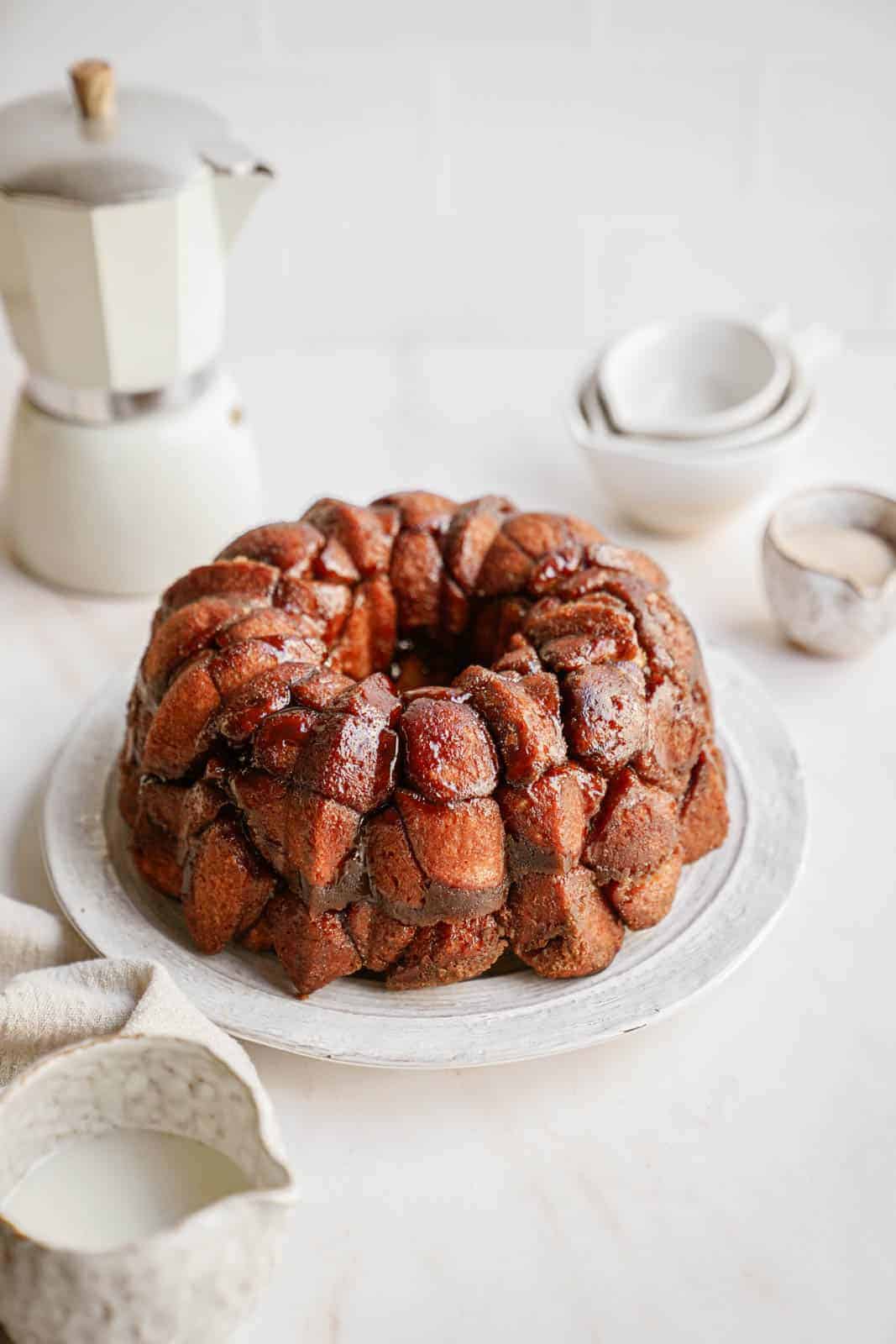 Vegan monkey bread on plate not yet drizzled with icing.