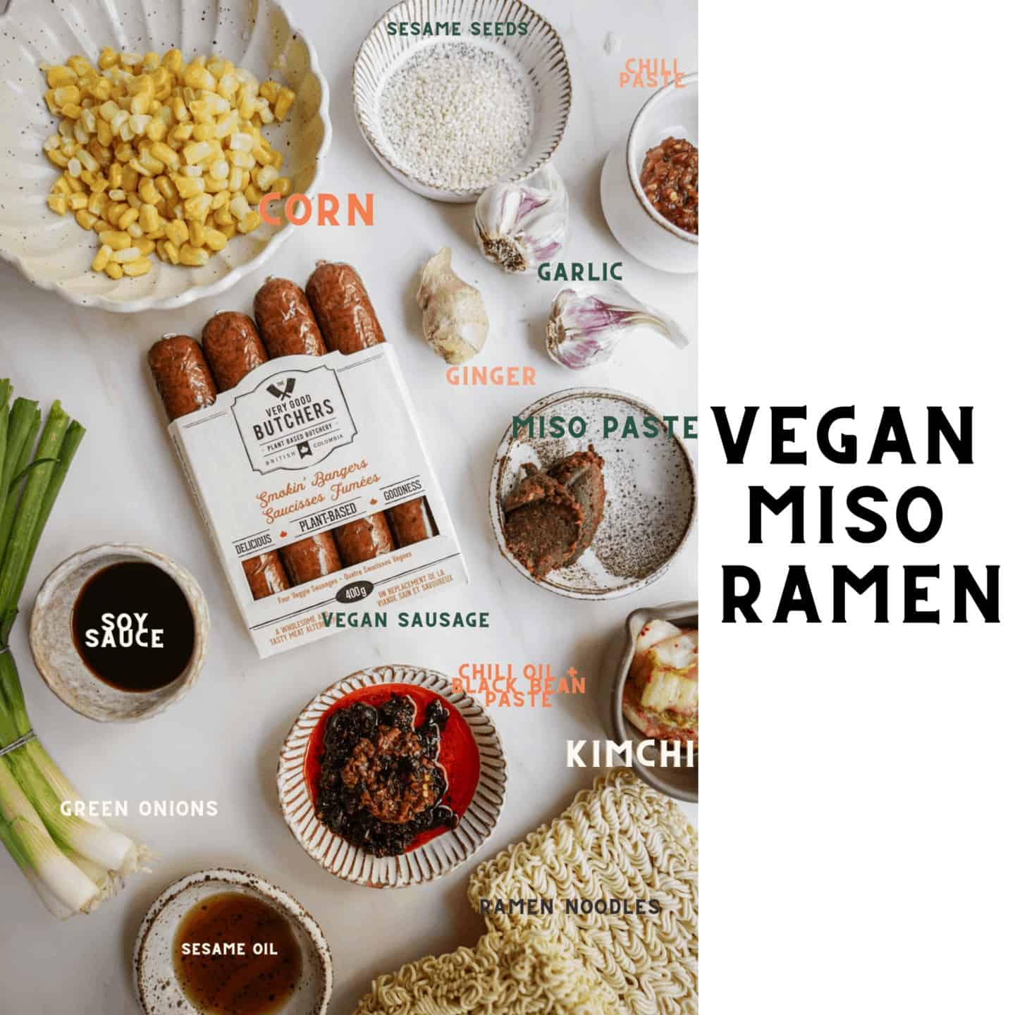 Ingredients to make a vegan miso ramen bowl