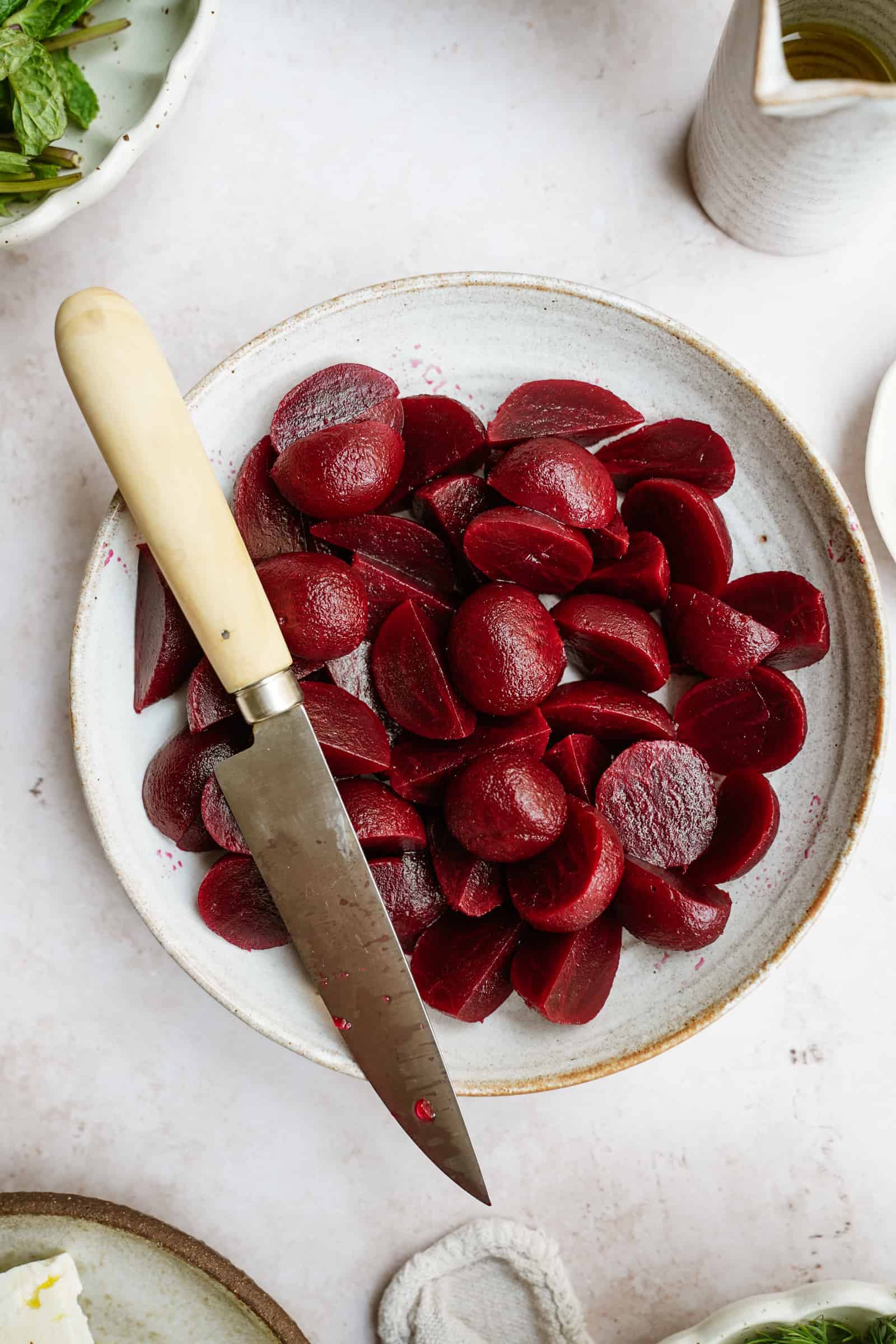 Beets for roasted beet salad on plate