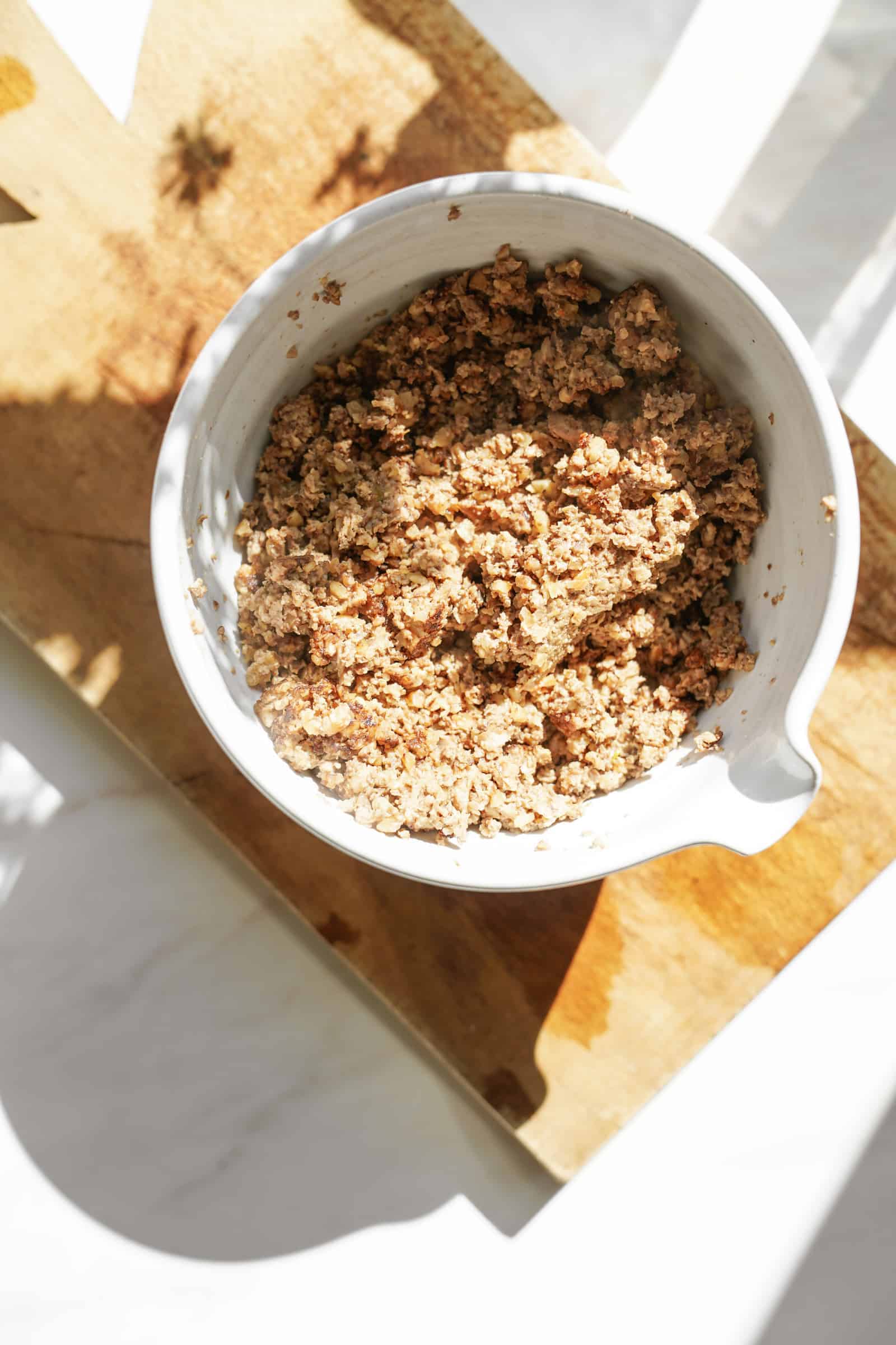 Ingredients in a bowl for vegan spaghetti