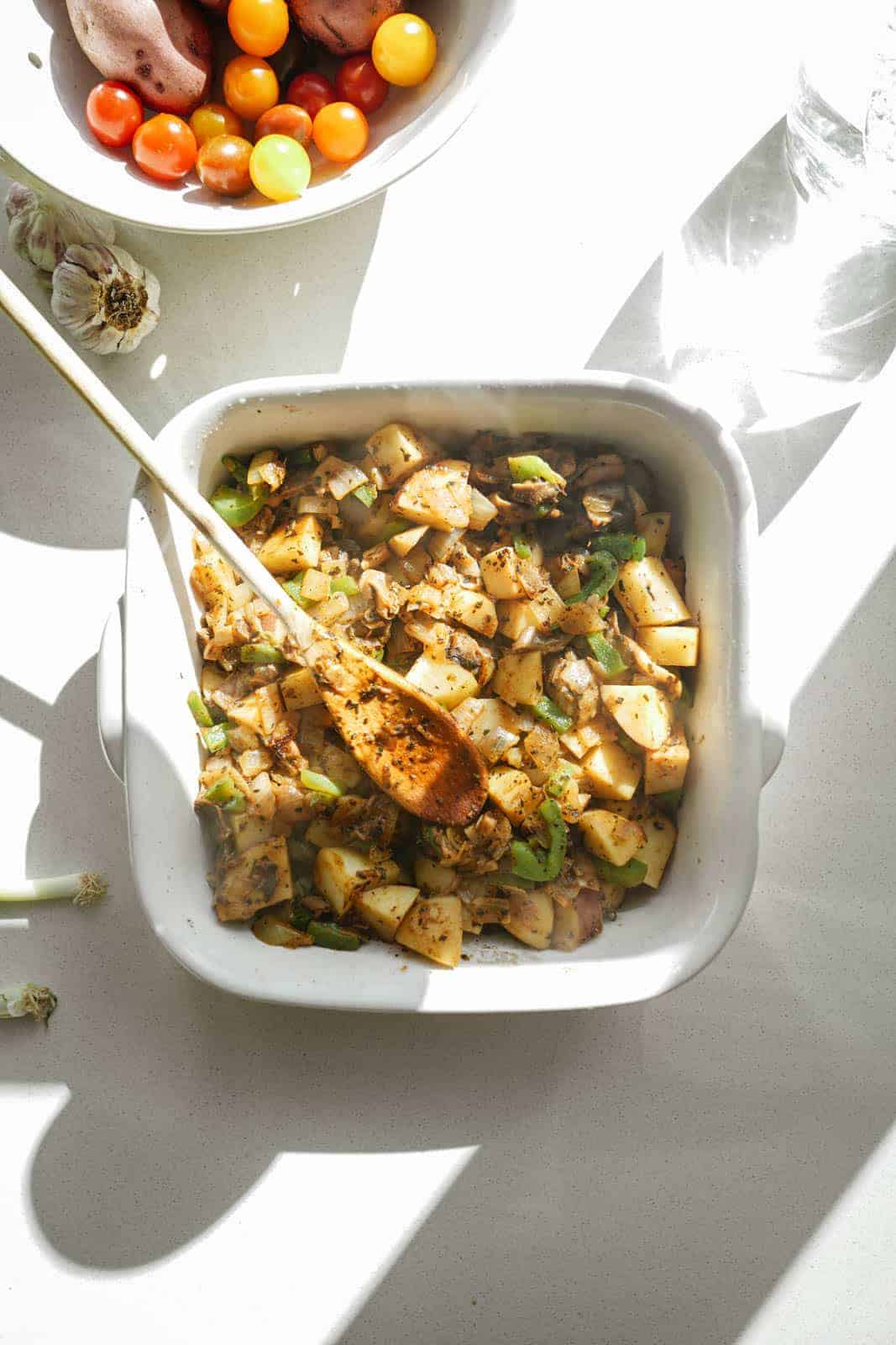 Vegan breakfast casserole in a casserole dish