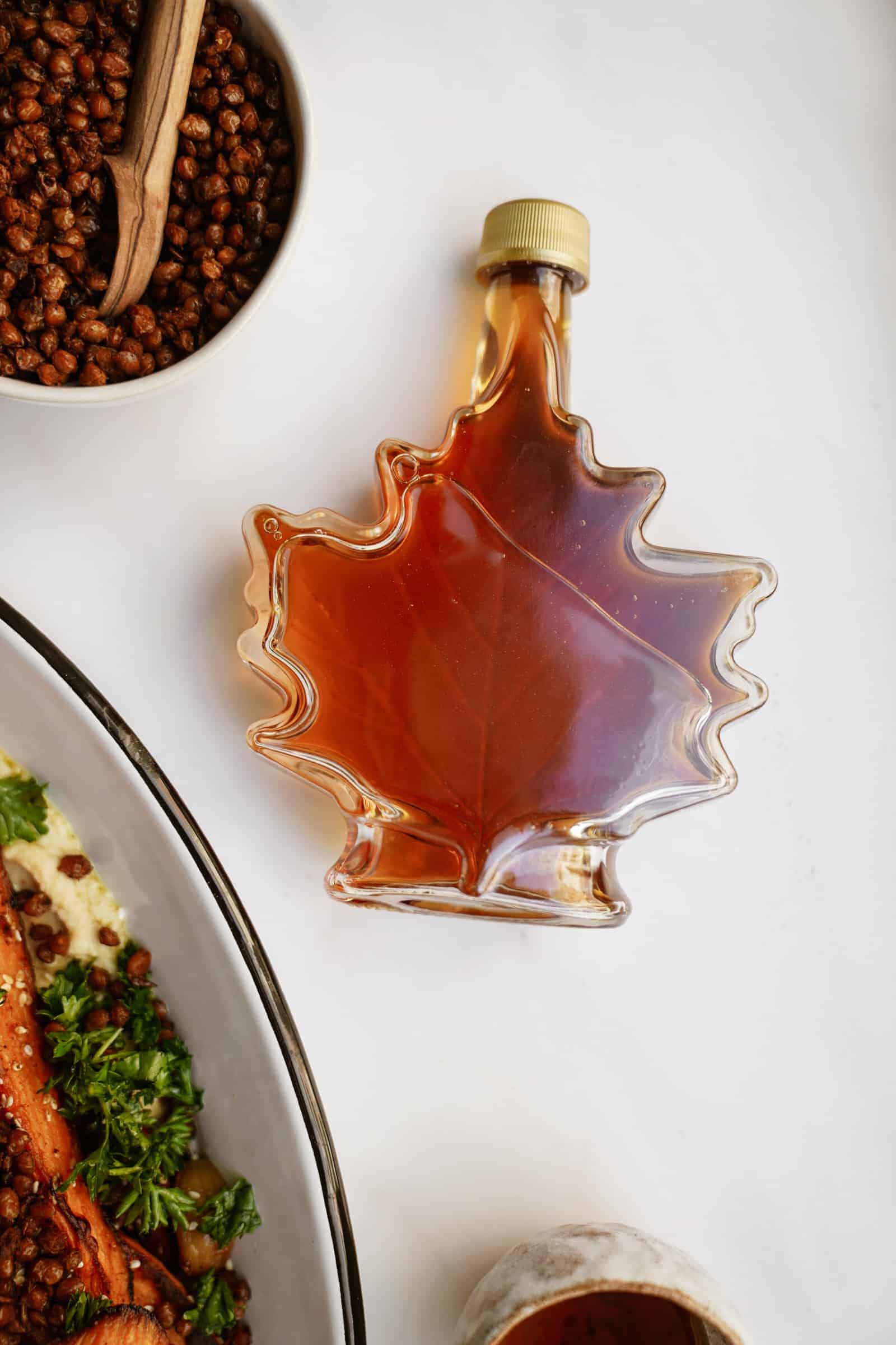 Bottle of Canadian maple syrup on a counter