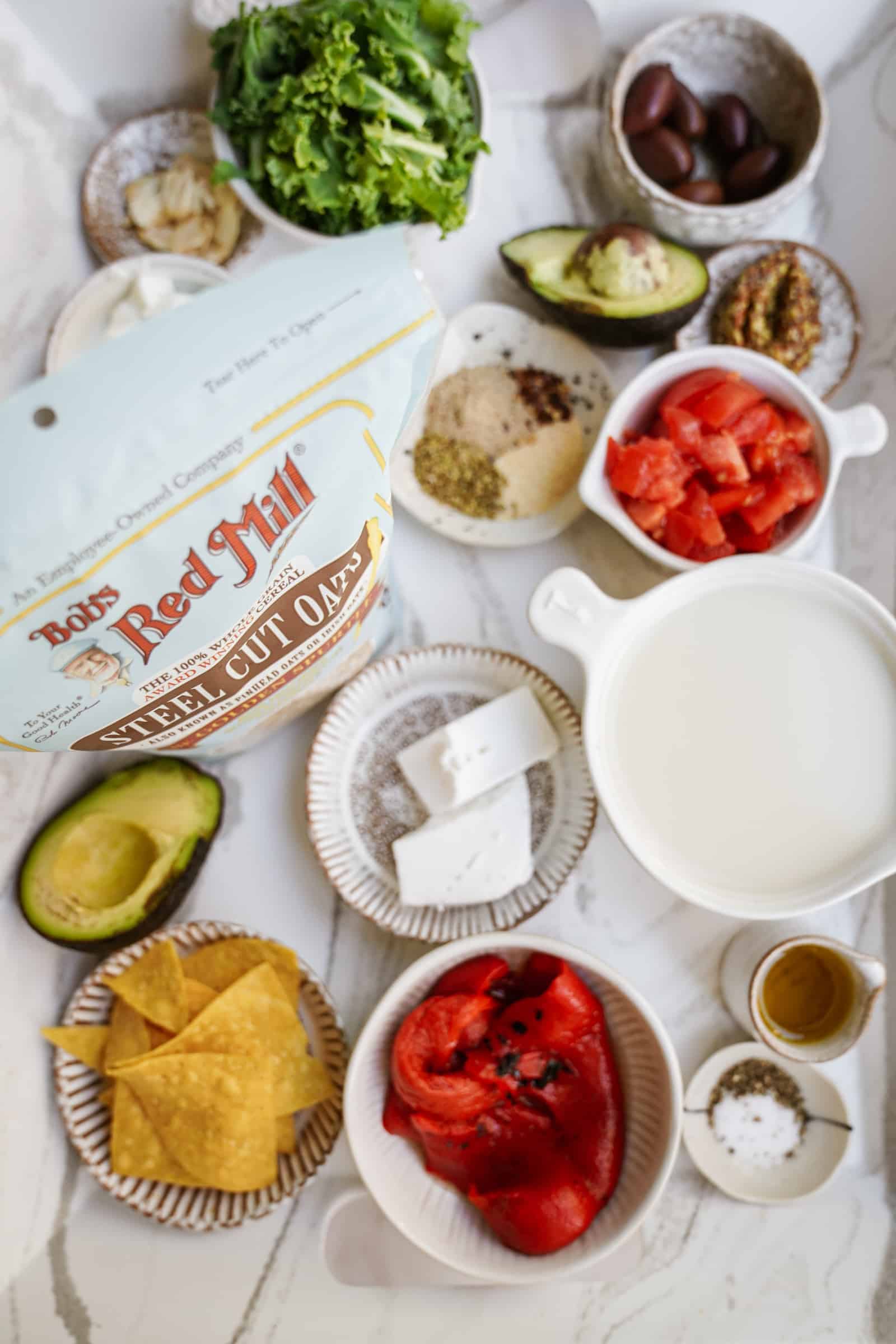 Ingredients for Savory Steel Cut Oats on countertop