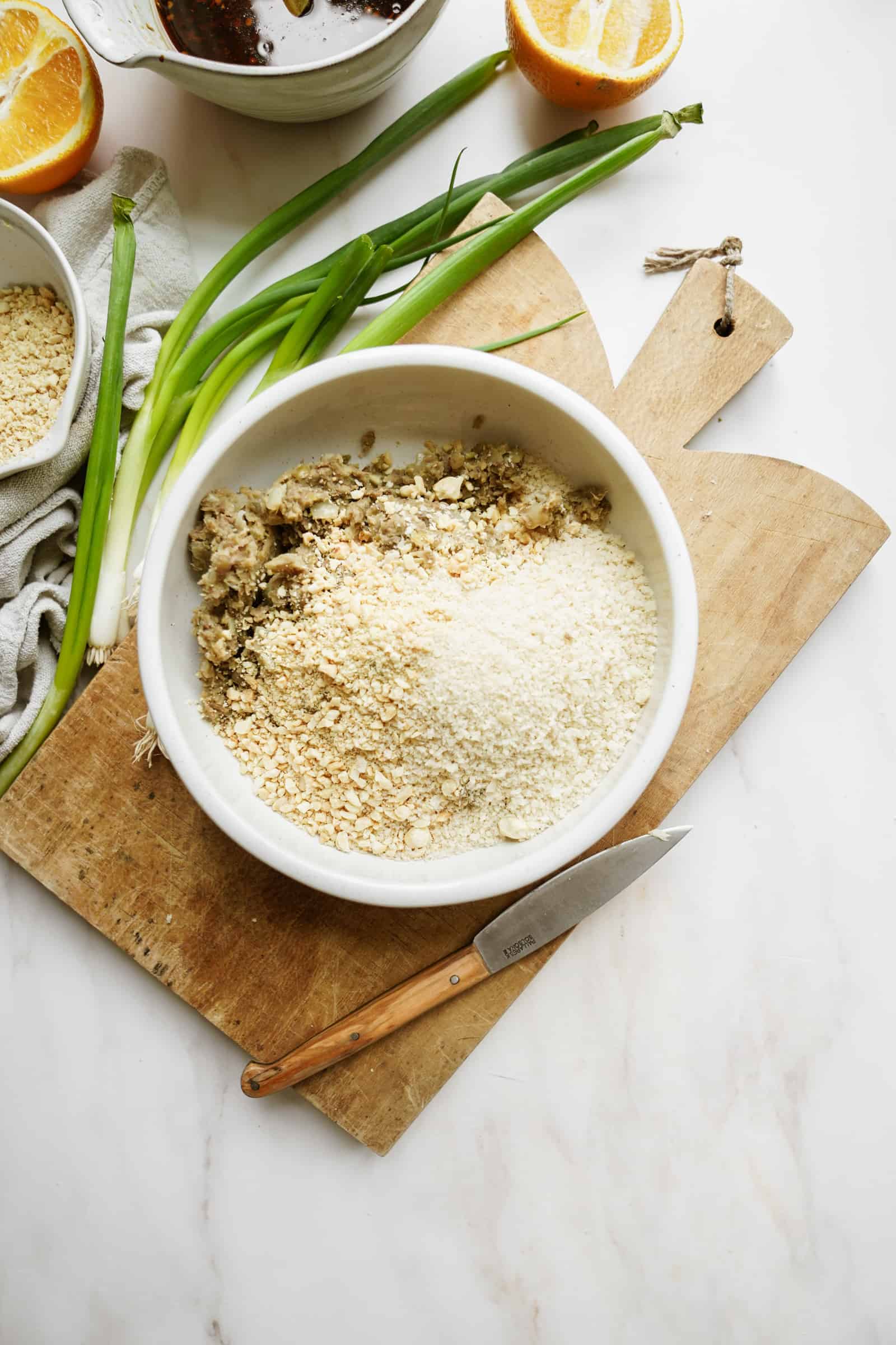 Dry ingredients for lentil meatballs in a bowl