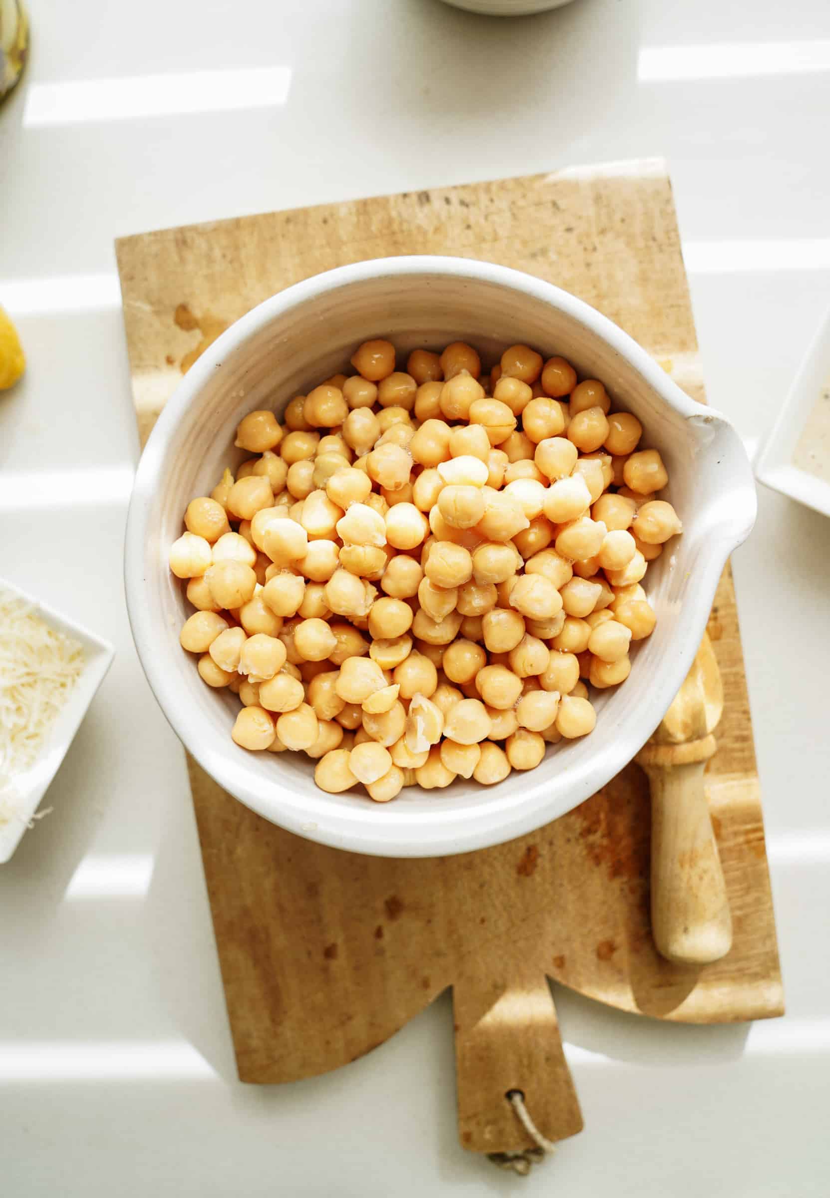 Chickpeas in a bowl for chickpea caesar salad wrap