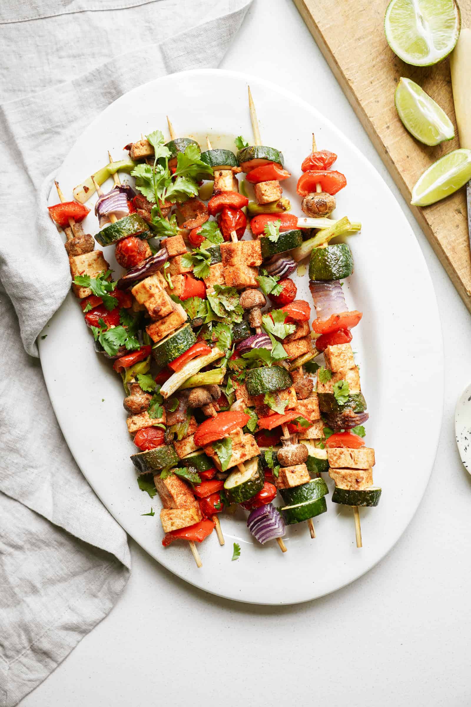 Marinated Tofu and Vegetable Skewers on a serving dish
