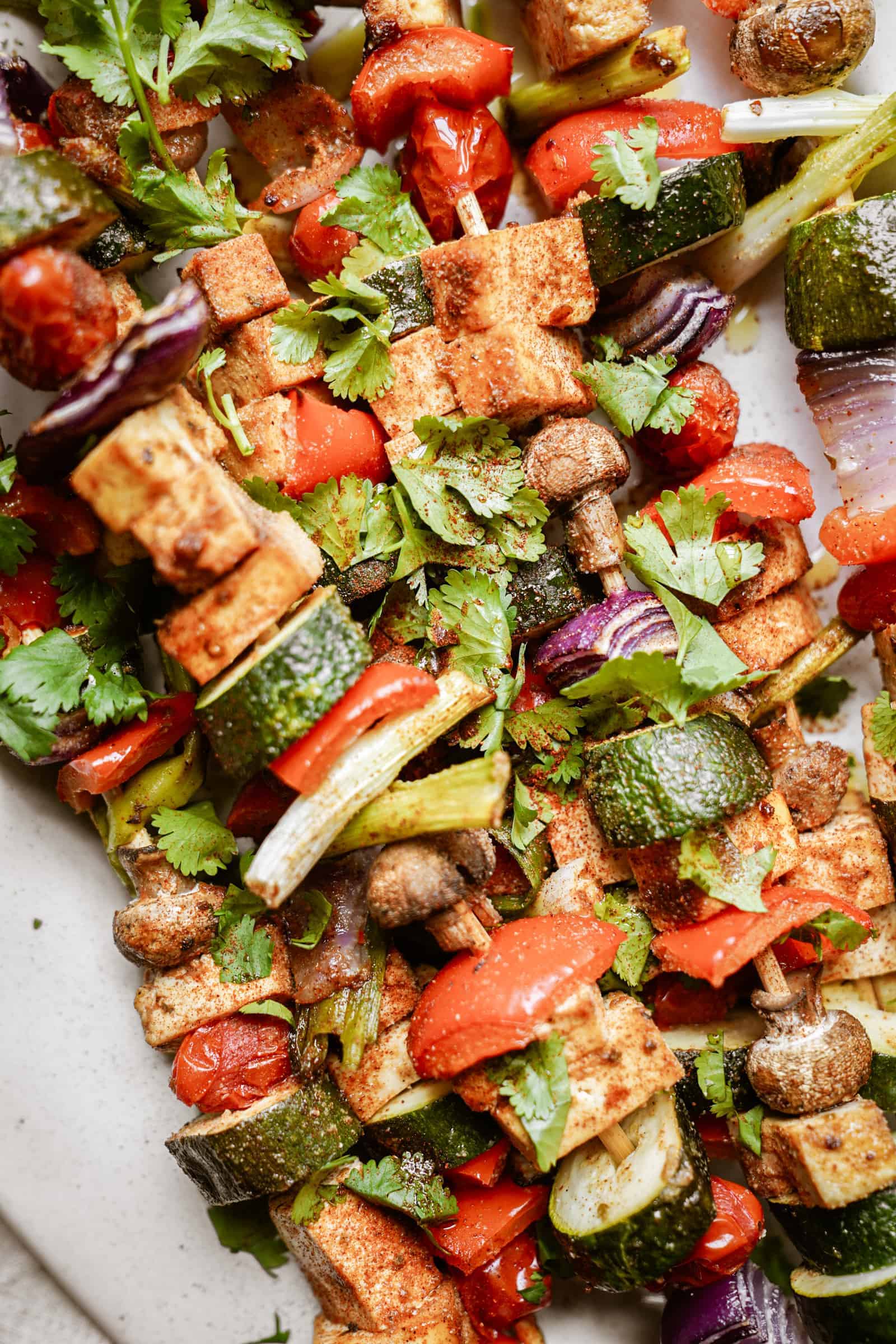 Marinated Tofu and Vegetable Skewers on tray