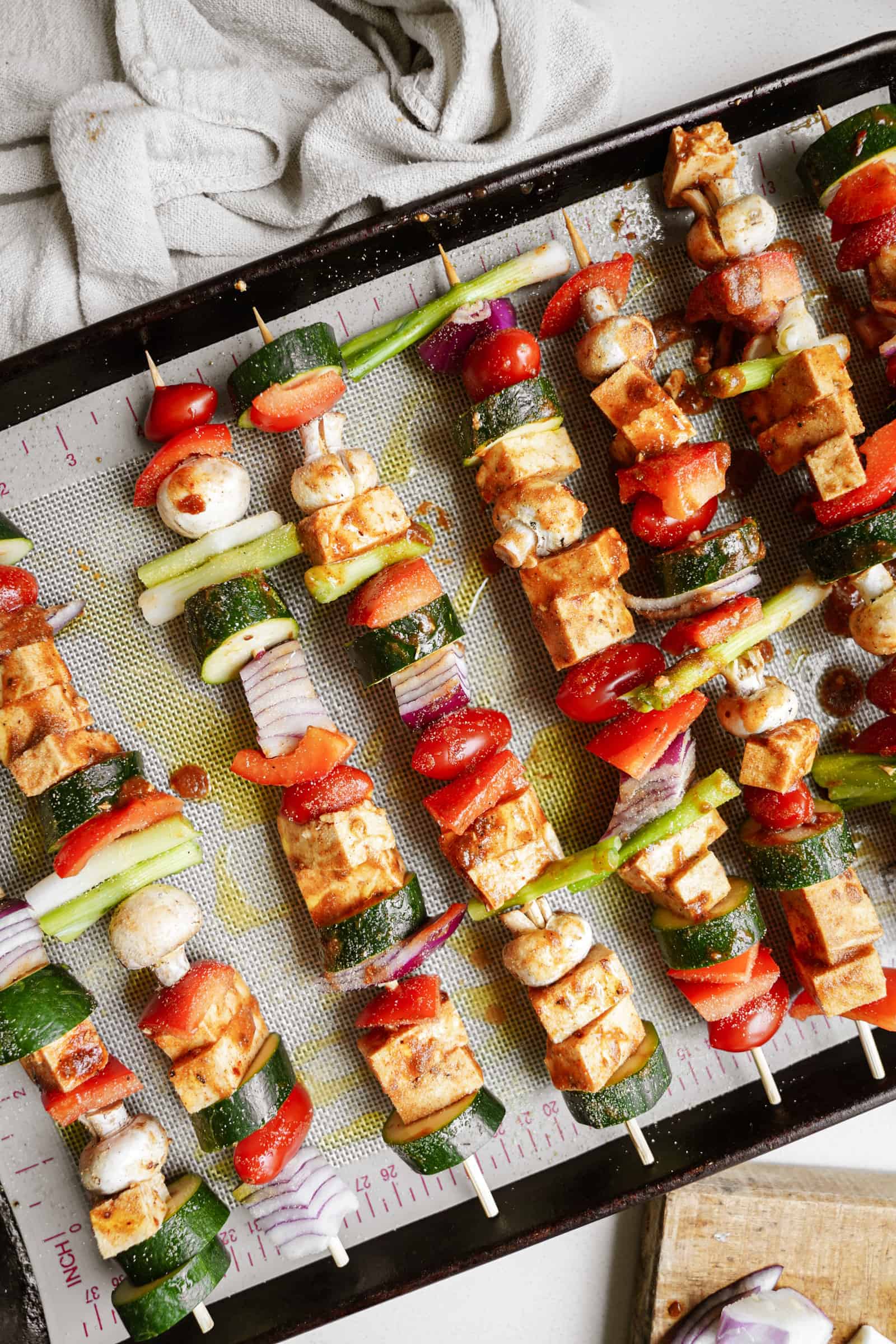 Marinated Tofu and Vegetable Skewers on tray