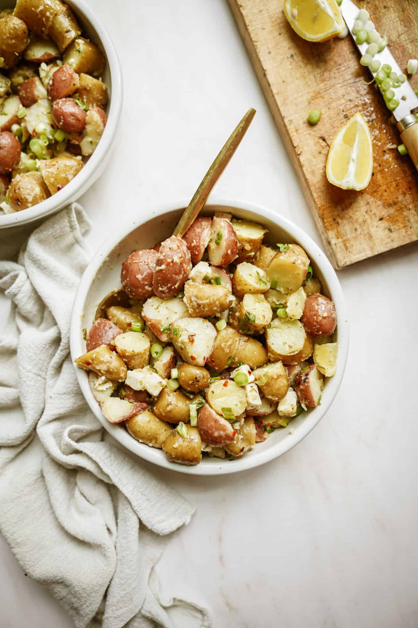 Greek potato salad in a large serving dish