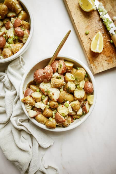 Greek potato salad in a large serving dish