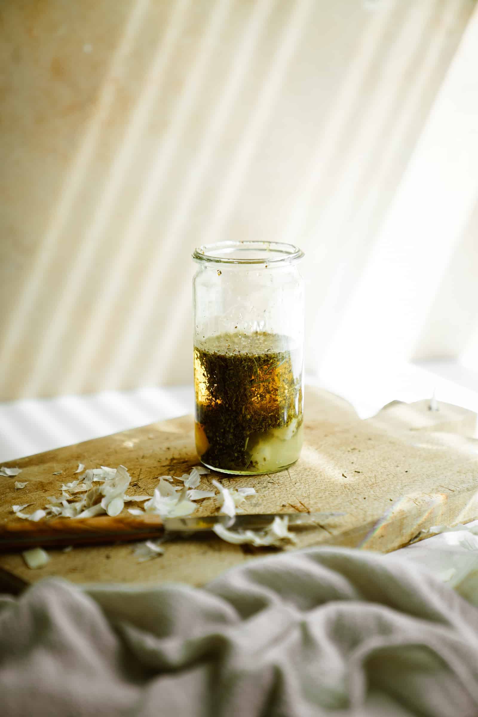 Ingredients in jar for salad dressing