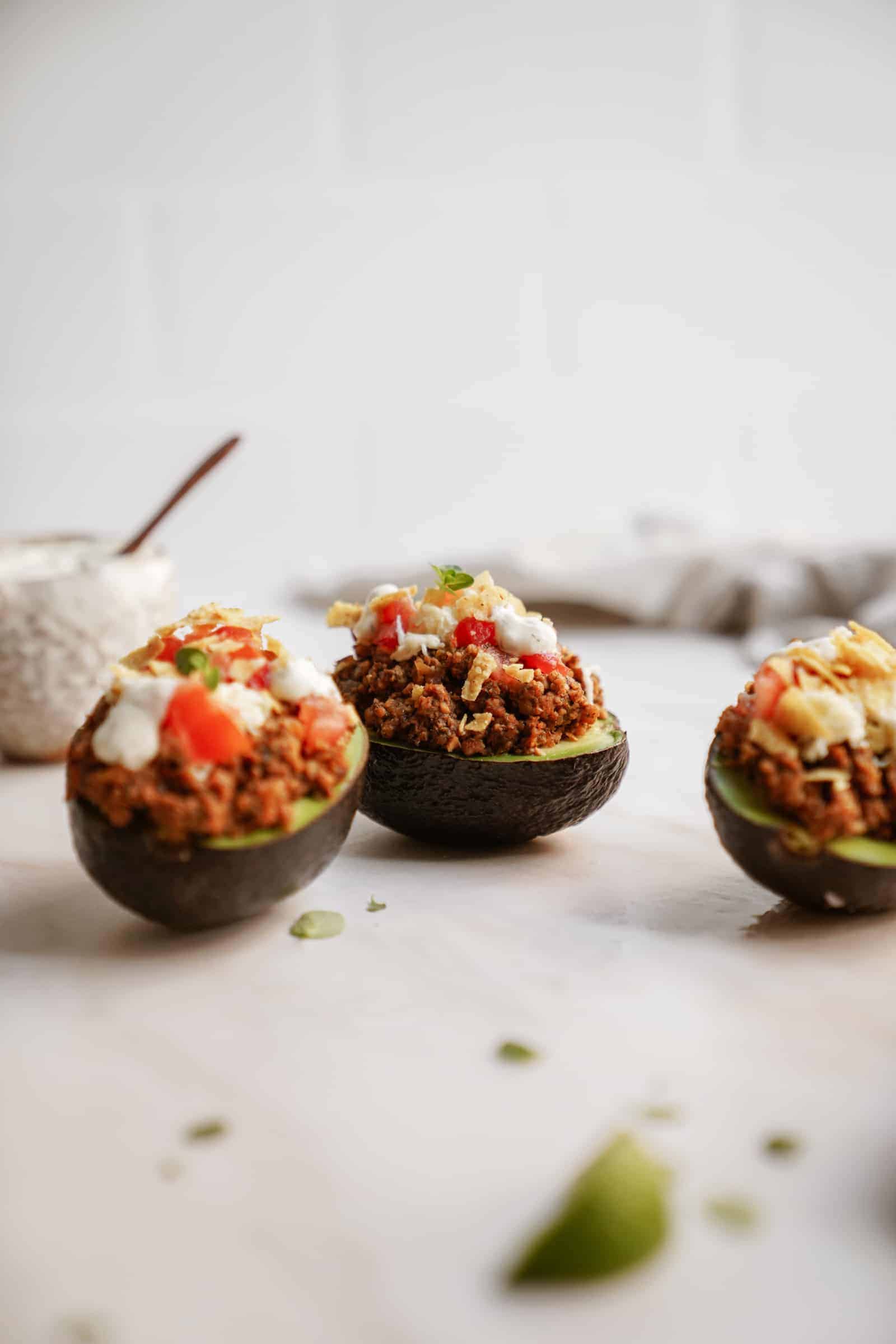 Stuffed avocado on a countertop