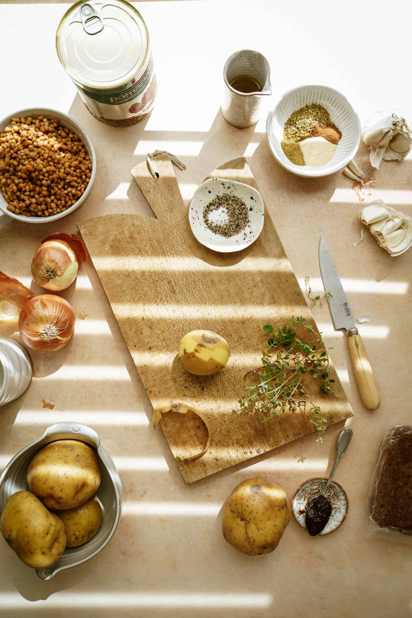 Ingredients for vegan shepherds pie on a counter