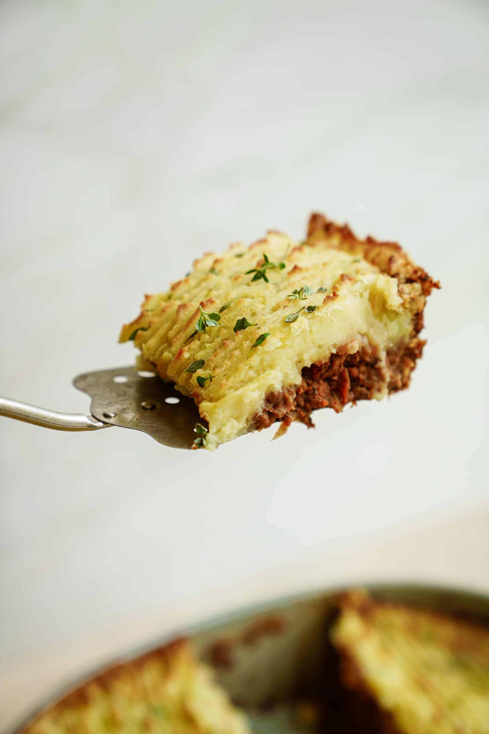 Slice of vegan shepherds pie