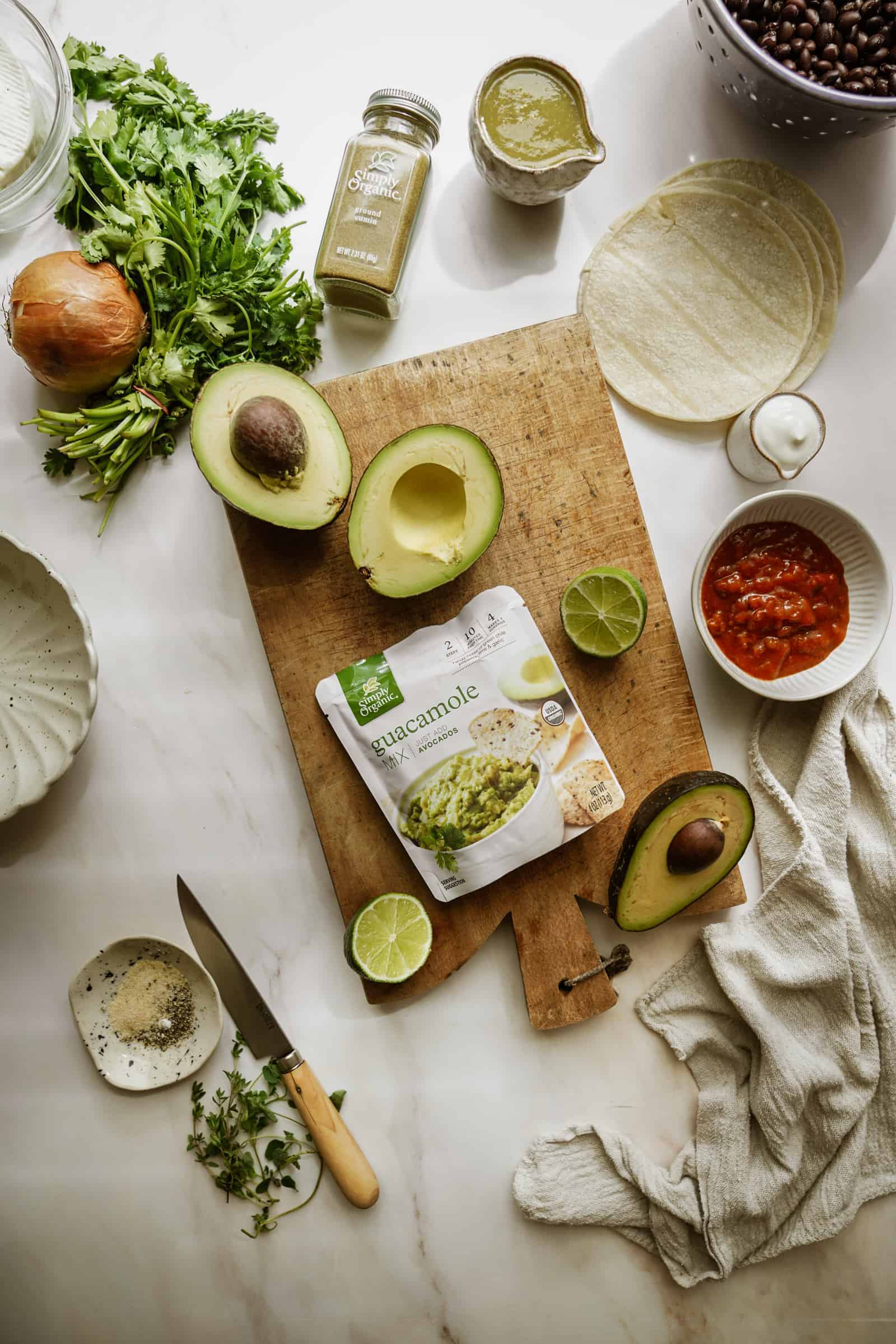 Ingredients for Vegetarian Black Bean Tacos on cutting board