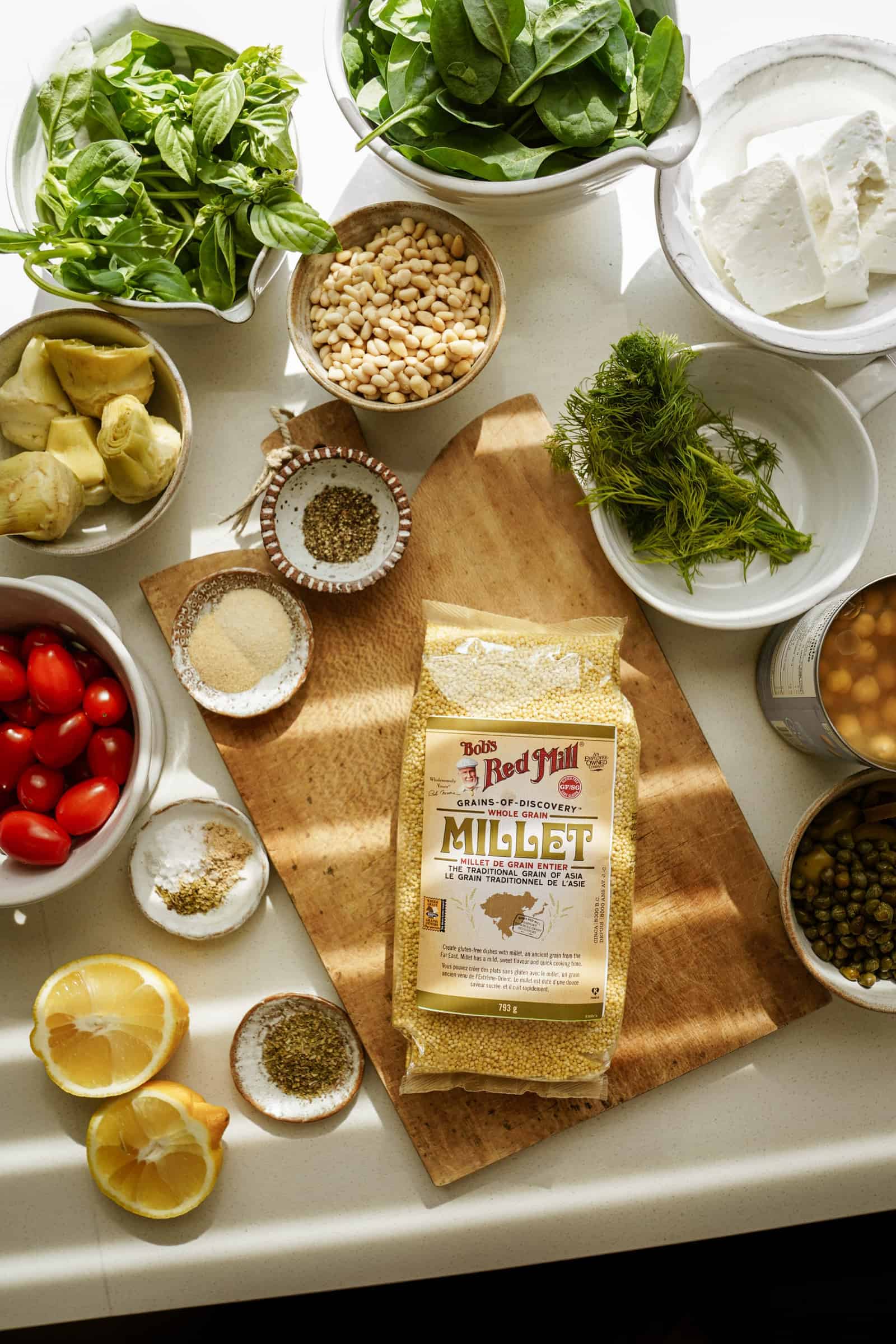 Ingredients on cutting board for Mediterranean Salad Recipe