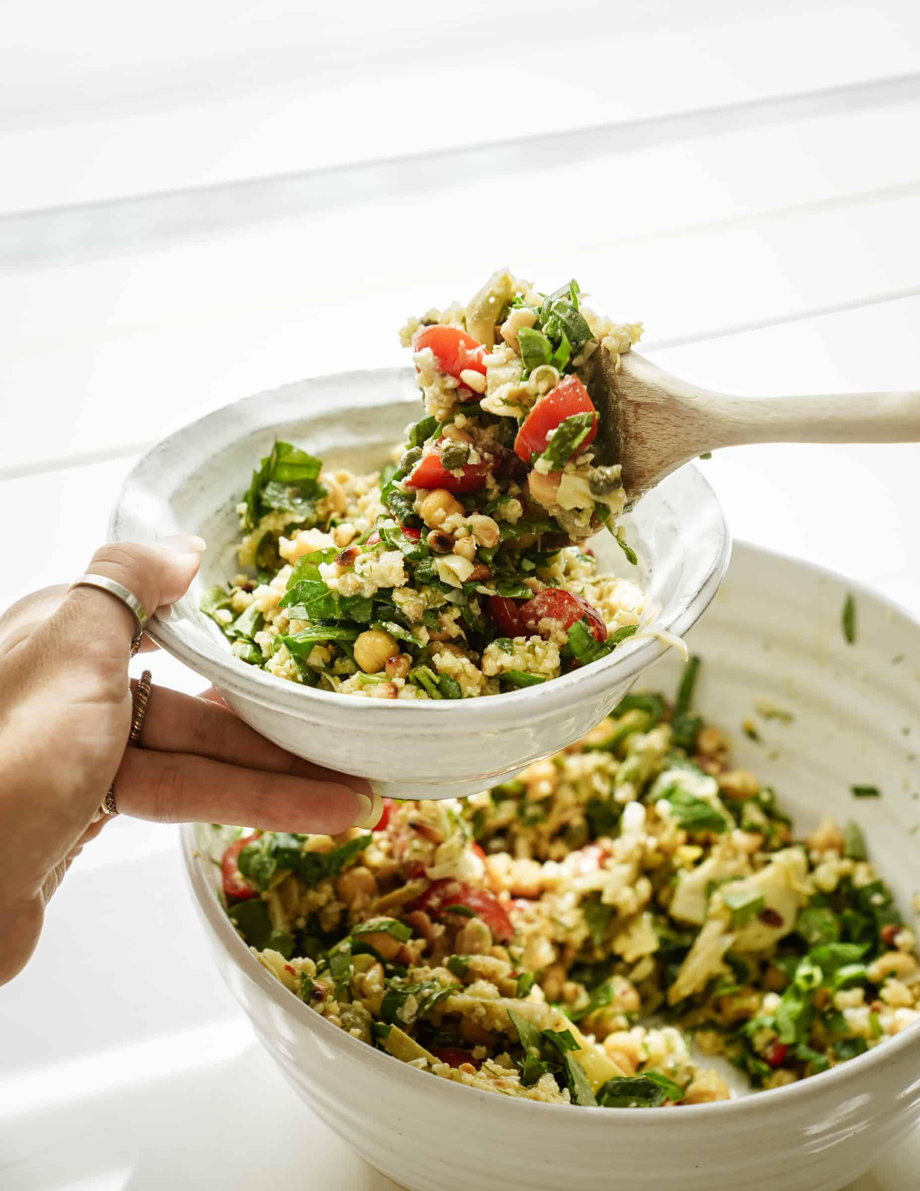 Serving Mediterranean Salad Recipe in a white bowl