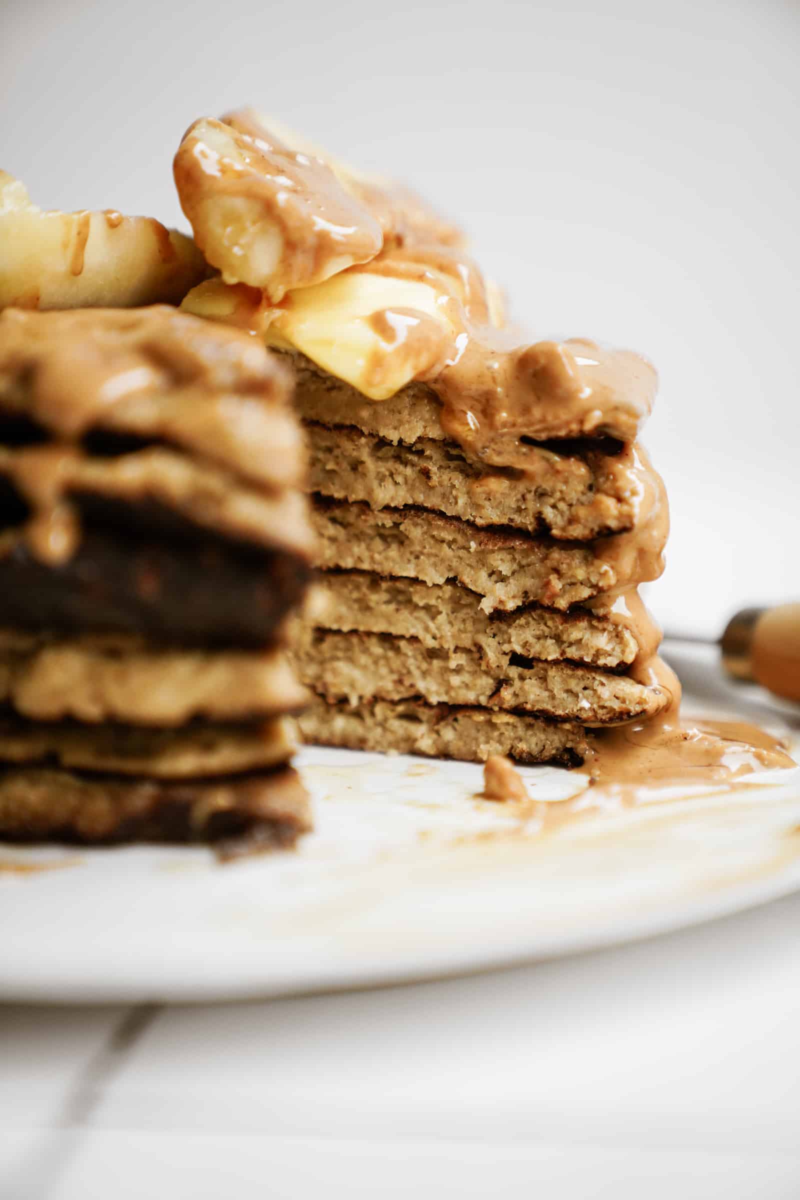 Stack of peanut butter banana pancakes